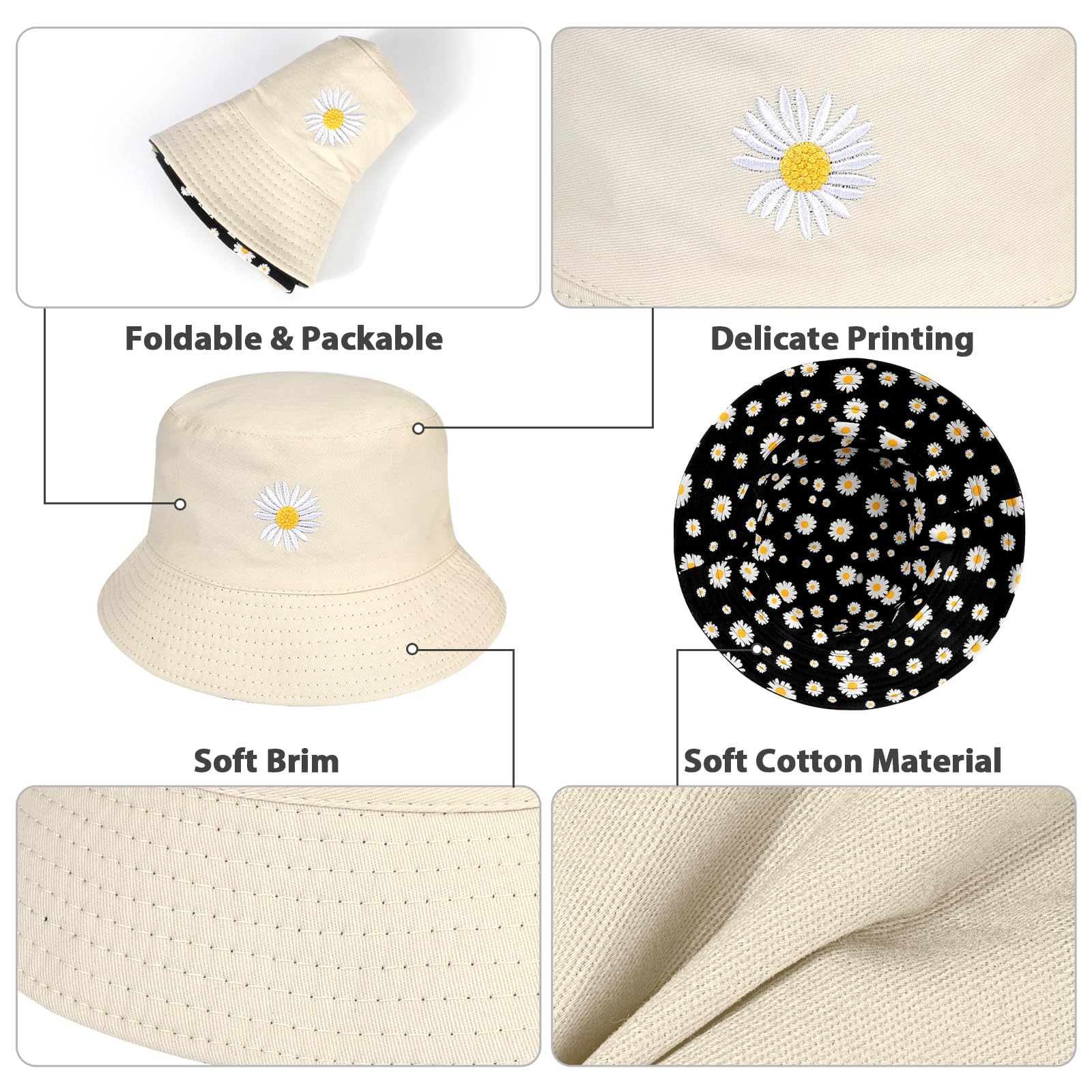 Mujer Algodón Sombrero de Pescador Reversible Bucket Hat, Protección UV Sombrero de Sol Ligera al Aire Libre Gorra de Pesca, Plegable Gorros de Verano de Playa para Excursionismo Cámping Viaje