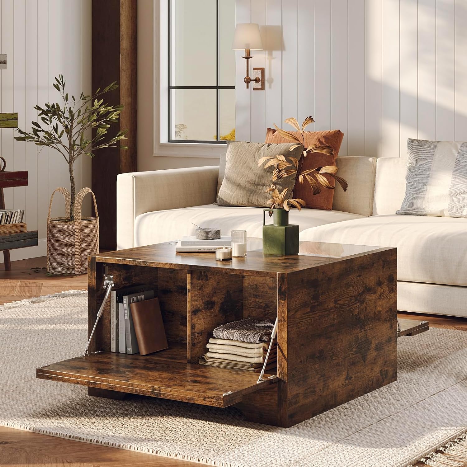 Bestier 31.5" Farmhouse Coffee Table with Storage, LED Square Coffee Tables for Living Room, Wood Center Table with Large Hidden Storage for Home Office, Rustic Brown