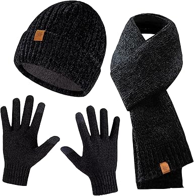 Winter Beanie Hat Scarf Gloves Set for Women, Womens Beanie Long Scarf Neck Warmer Touchscreen Gloves 3 in 1 Set