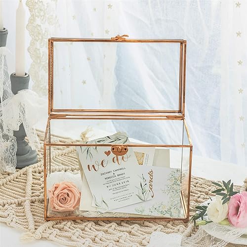 Miniatura 2 de NCYP Caja de vidrio de 9.8 x 5.6 x 7.7 pulgadas con pie para boda, recepción de fiesta, soporte rectangular de vidrio de oro rosa, centro de mesa