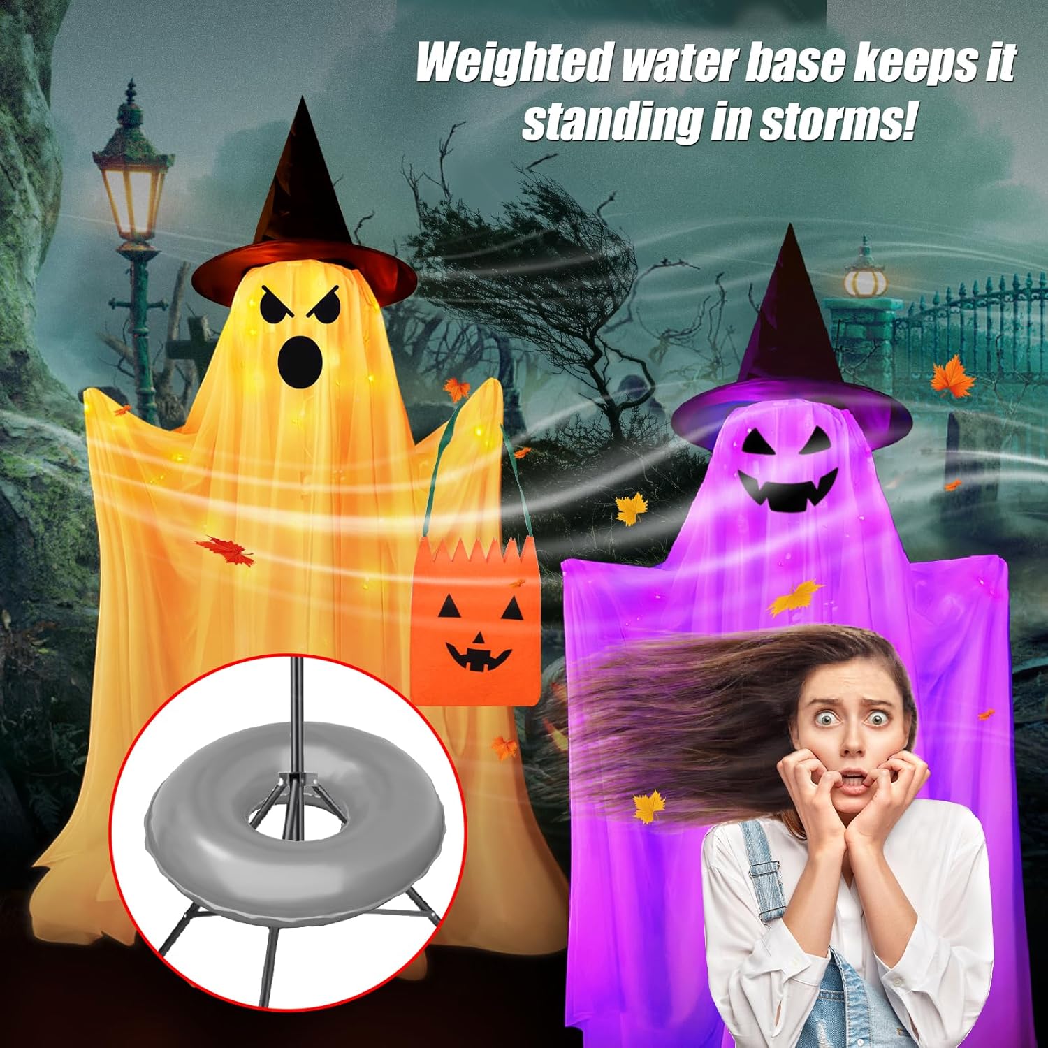 ハロウィンデコレーション 屋外 屋内 - 大型ライトアップゴースト 2個パック スタンディングゴーストデコレーション ウェイトバッグ