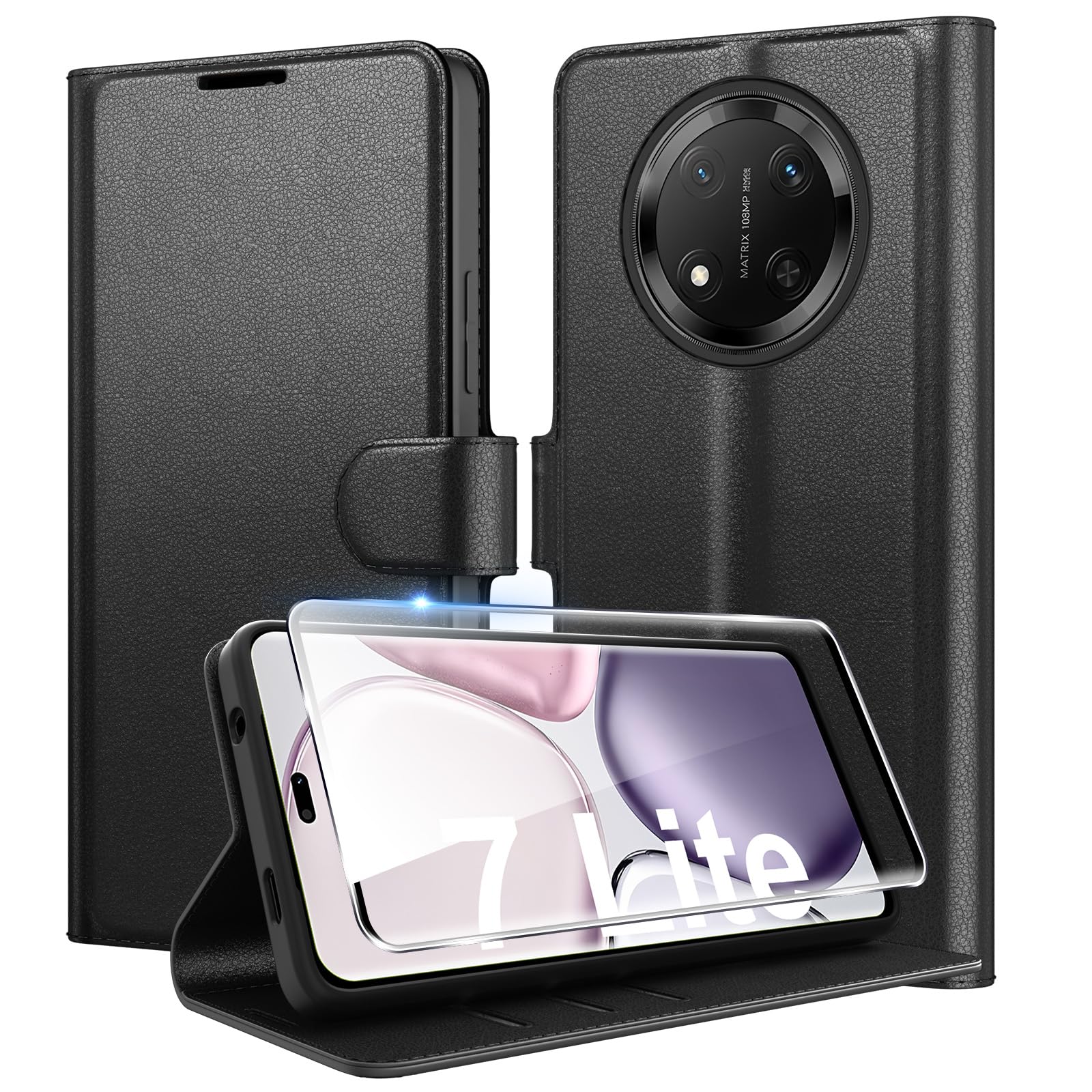 Eirltiy Cover per Honor Magic 7 Lite Portafoglio Pelle PU Premium, Custodia Scomparti Carte Antiurto Protettiva Case con 1 Vetro Temperato, Nero
