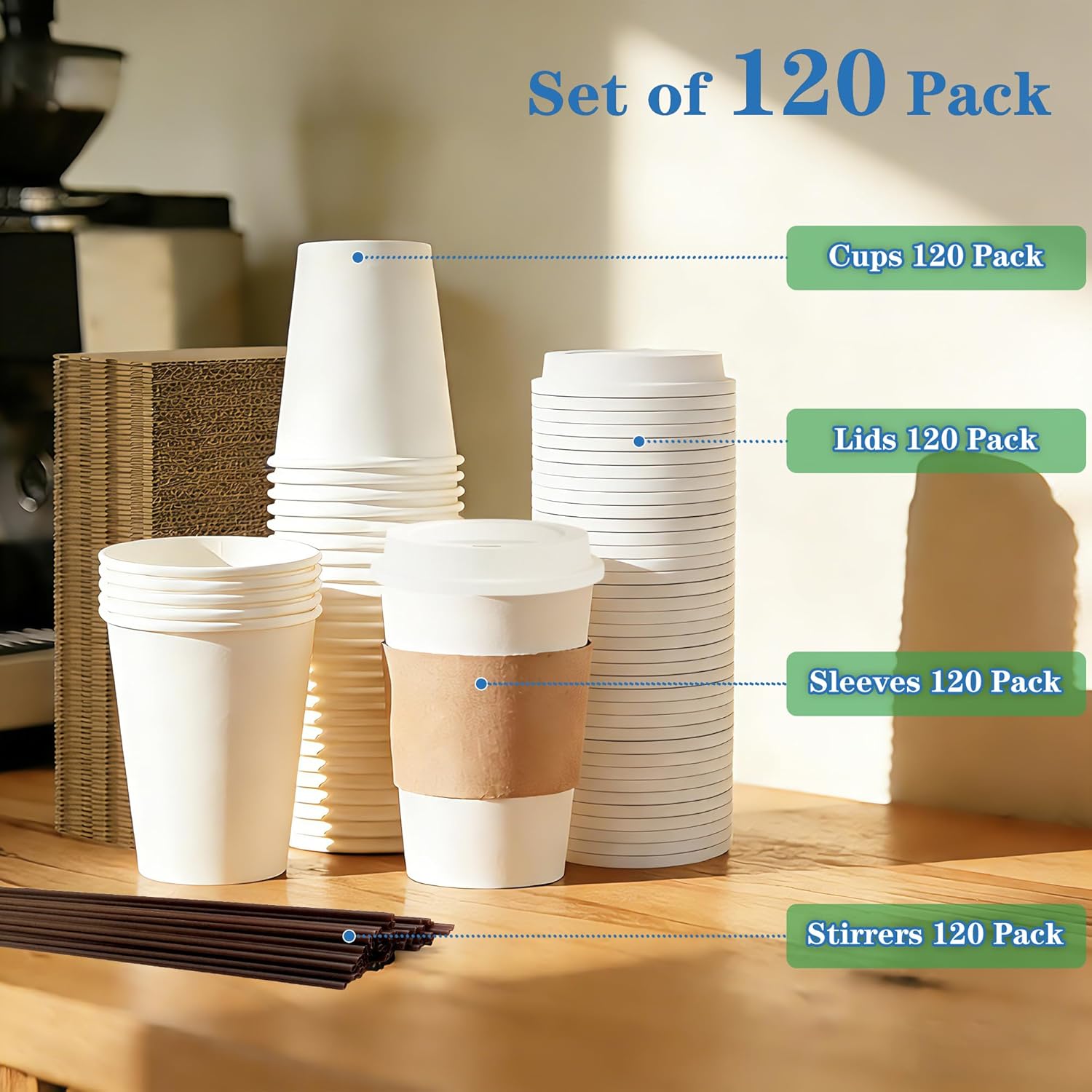 120 Pack 12 oz Leak-Proof Coffee Cups with Lids, Sleeves, and Stirrers, Disposable To Go Hot Travel White Paper Cups, Hot Chocolate, Cocoa, Tea for Home, Cafes, Coffee Bar - Image 5