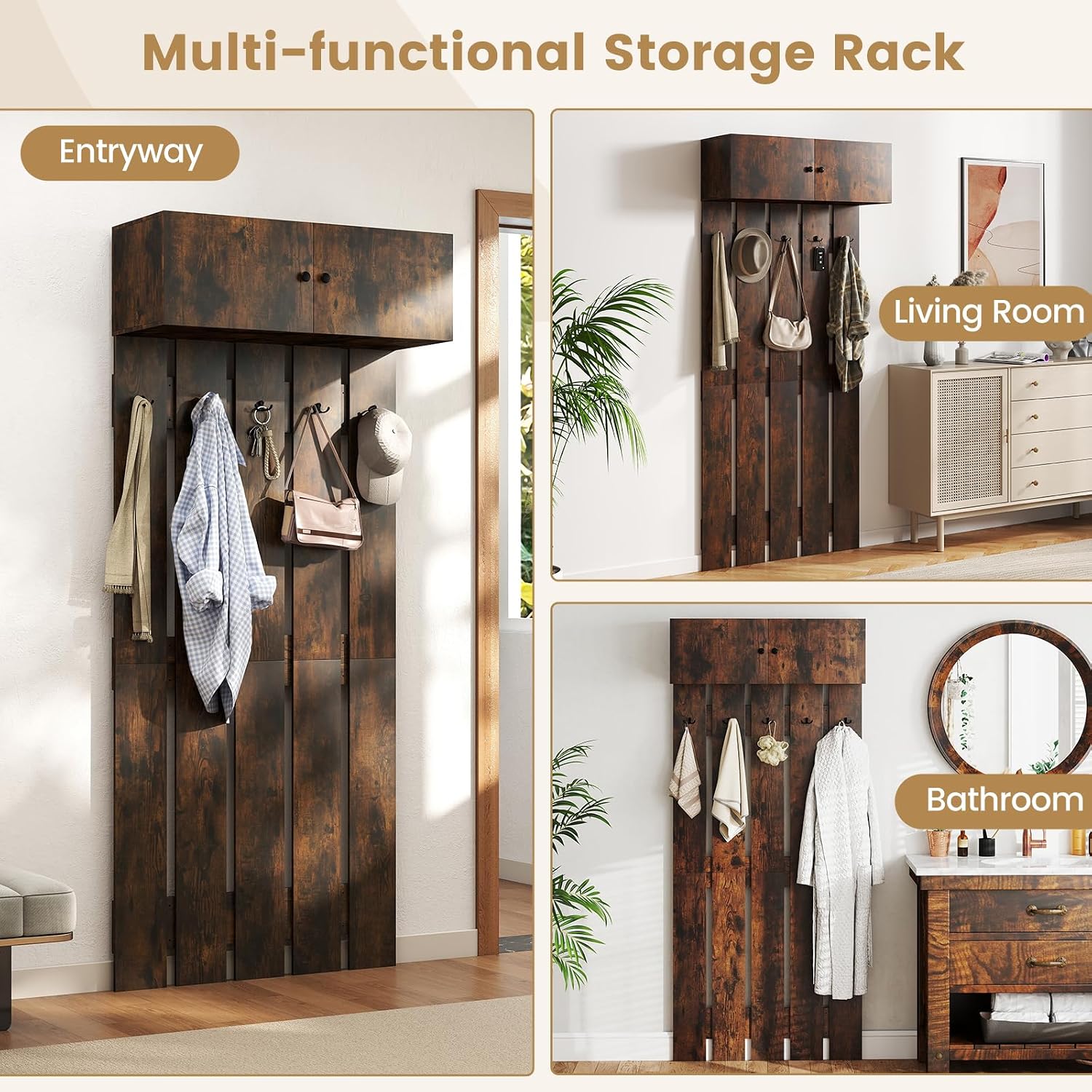 Giantex Wall Mounted Coat Rack, 2-in 1 Hall Tree w/ 5 Double Hooks & 2-Door Cabinet, Space-Saving Garment Rack, Entryway Clothes Rack for Hallway Bedroom Bathroom (Rustic Brown)