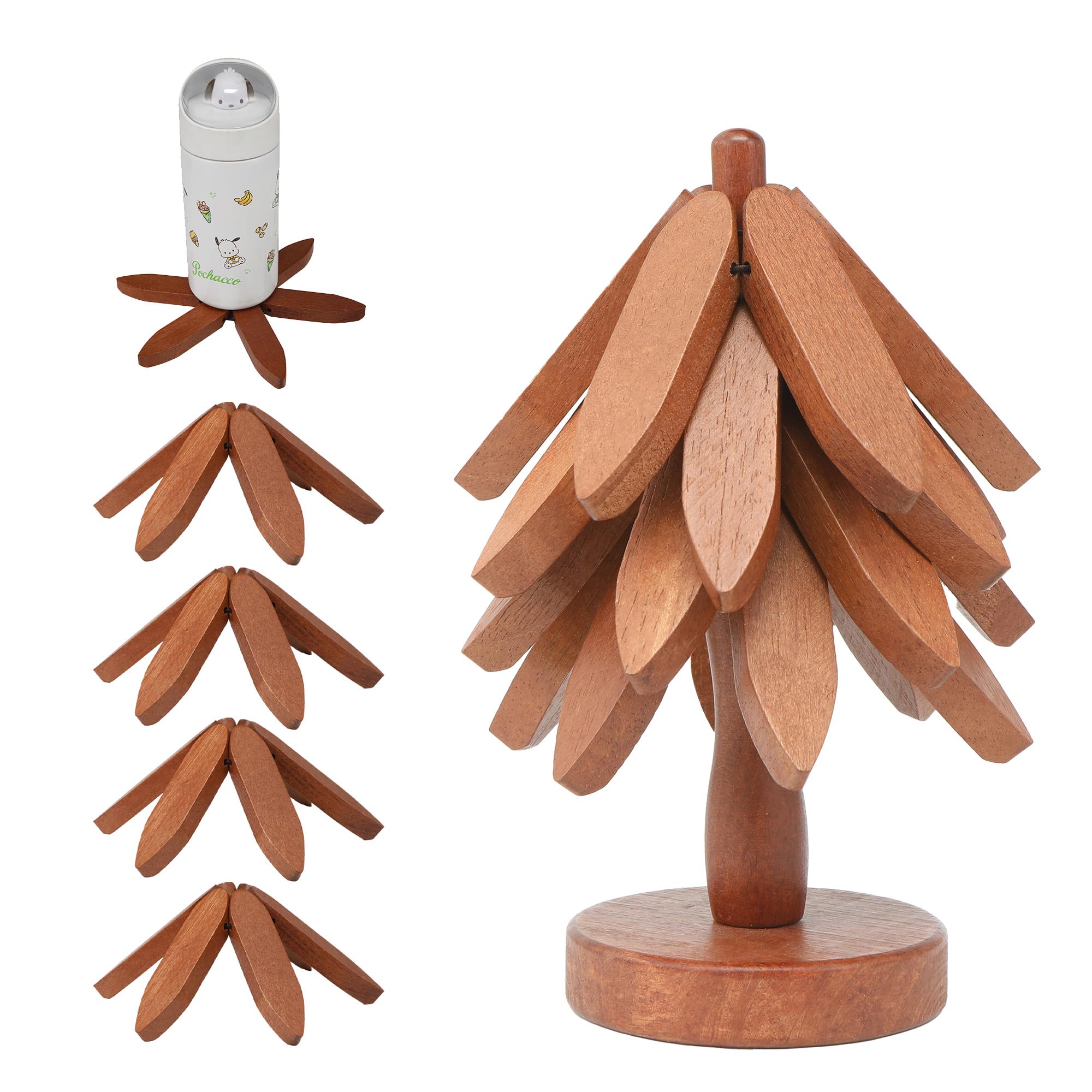 Tree Shape Wooden Trivets for Hot Dishes?4 Wooden Trivets + 1 Stand stored Like a Christmas Tree?for Easy Storage?Multifunctional Ornaments (Beech)