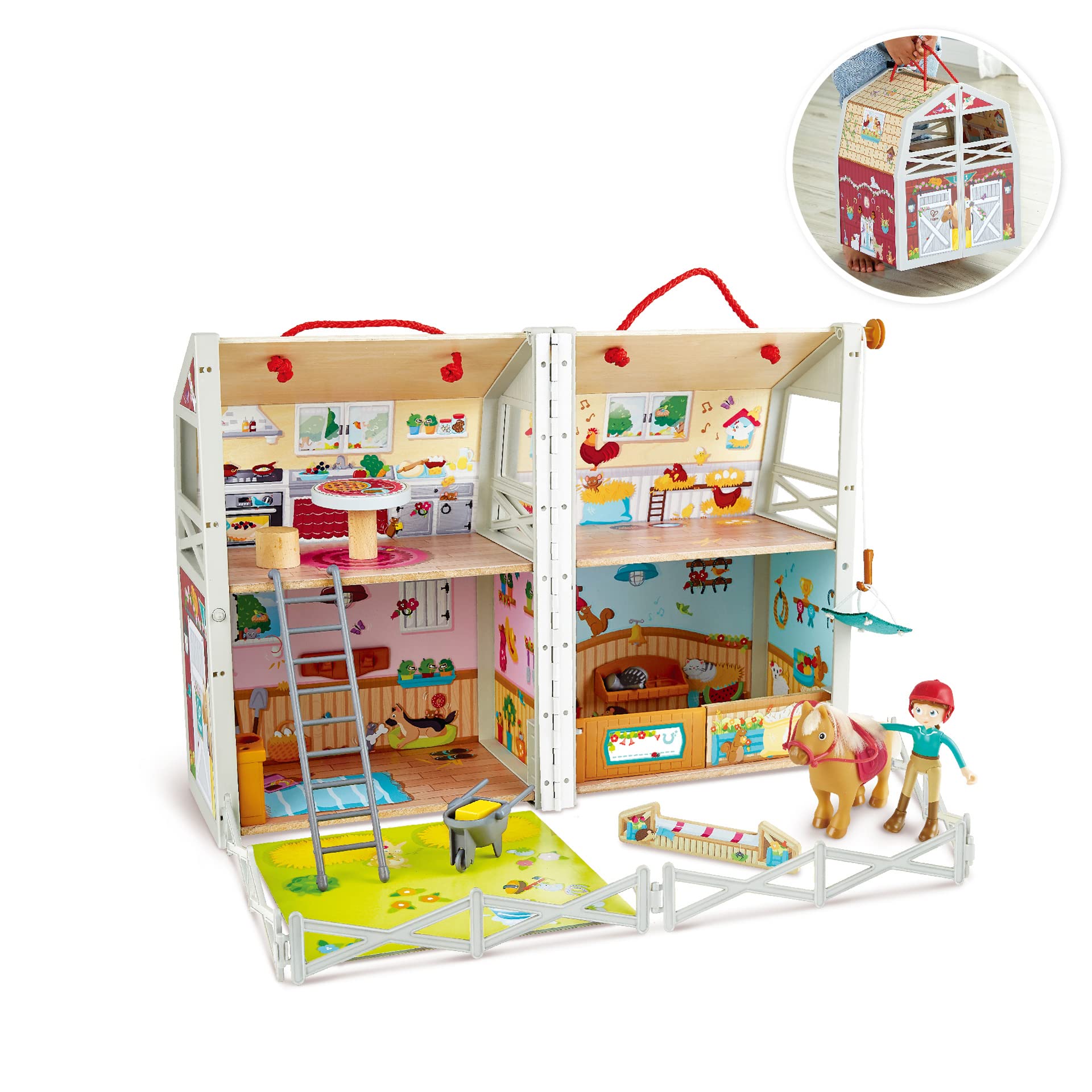 Hape Ranch Pony Club - Casa delle bambole compatta con scuderia richiudibile per gioco di ruolo a tema cavalli dai 3 anni