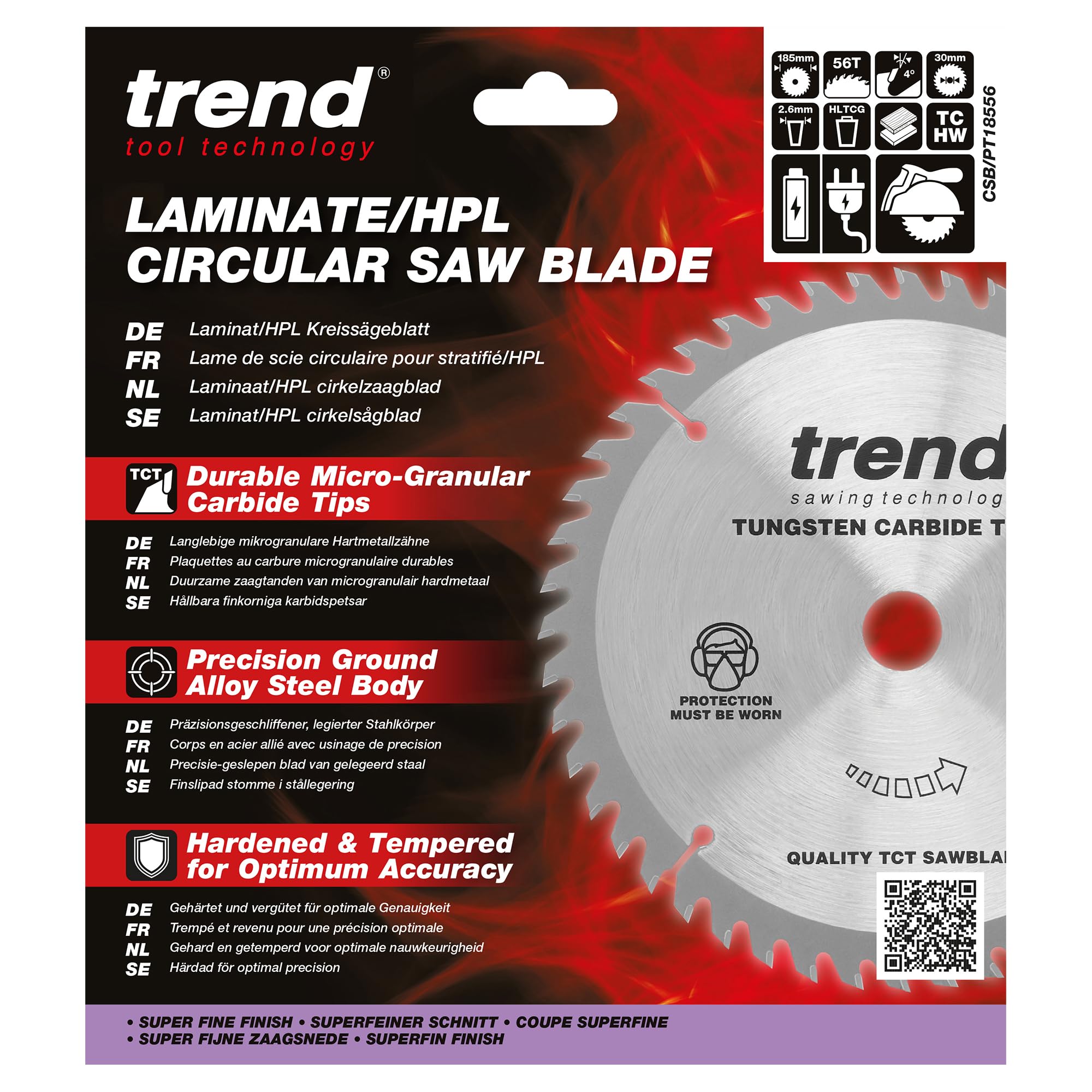 Trend Lame de scie circulaire pour stratifié et HPL, diamètre 185 mm, alésage 30 mm, 56 dents, trait de scie 2,6 mm, crochet +4°, TCT, finition super fine, CSB/PT18556