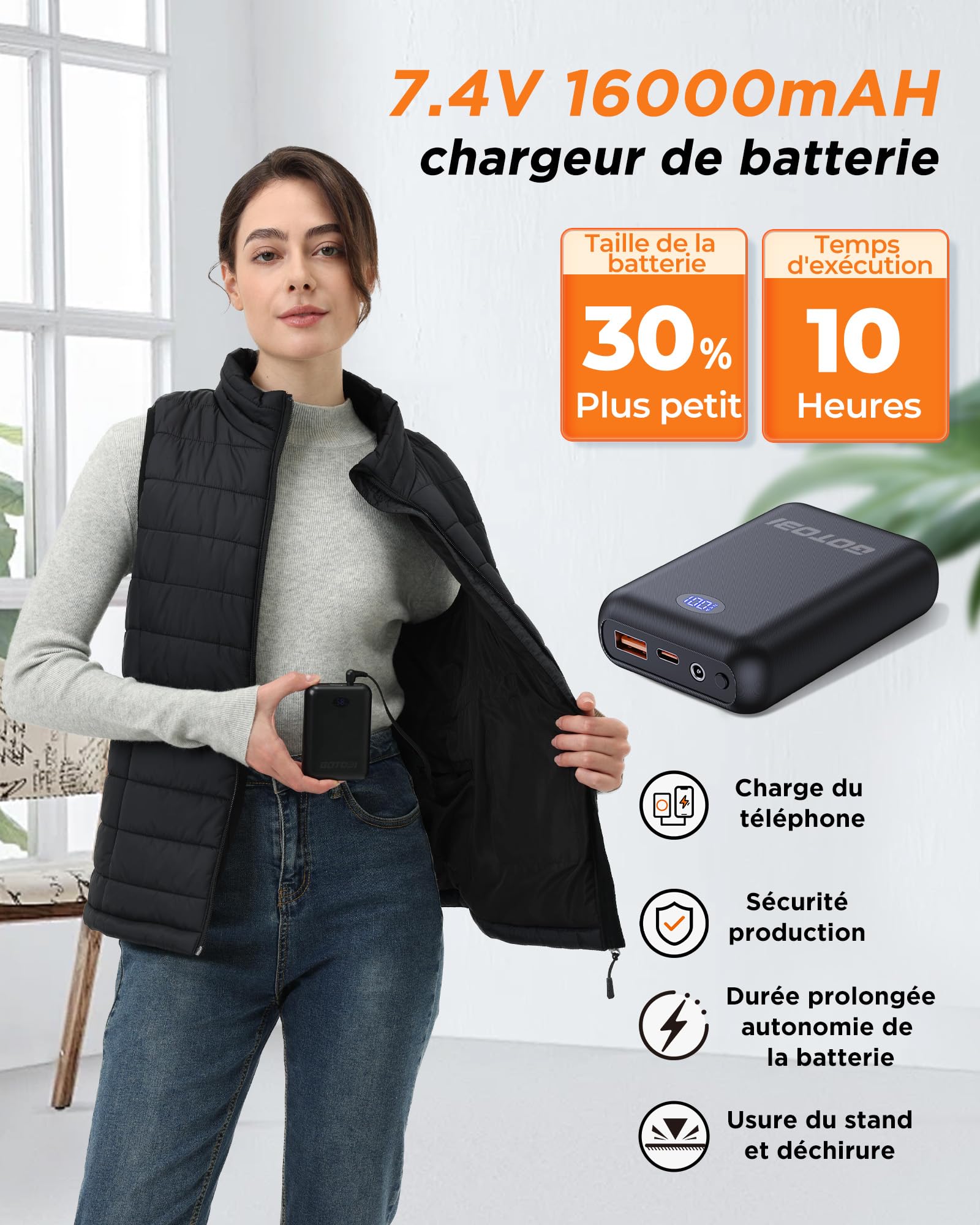 Gilet Chauffant Femme 7,4V 16000mAh 9 Zones de Chauffage 4 en 1 Interrupteur Intelligent 3 Températures