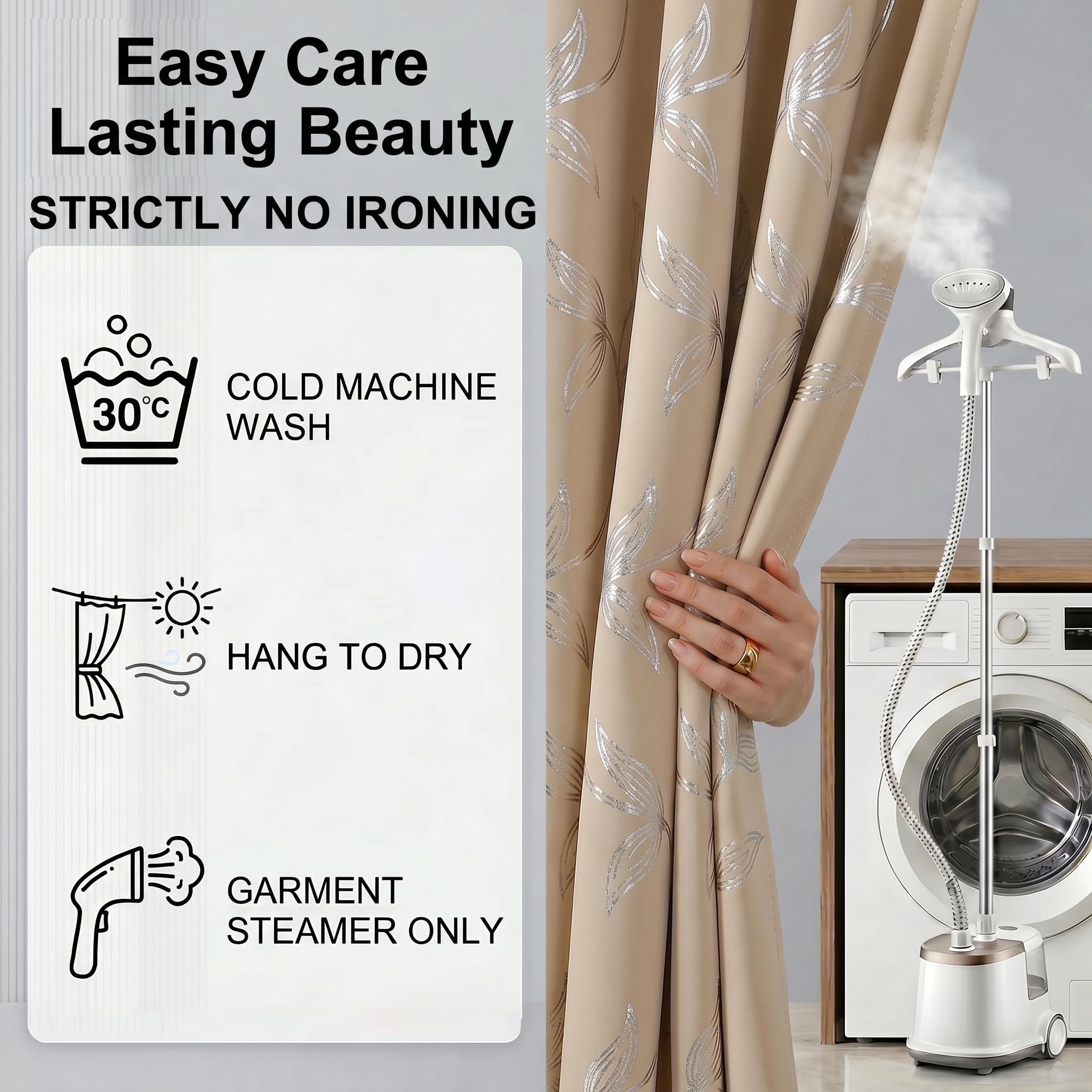 Beige Curtains with Metallic Silver Leaves Printed, 70%-80% Room Darkening Window Drapes, 63 inch Drop - Image 9