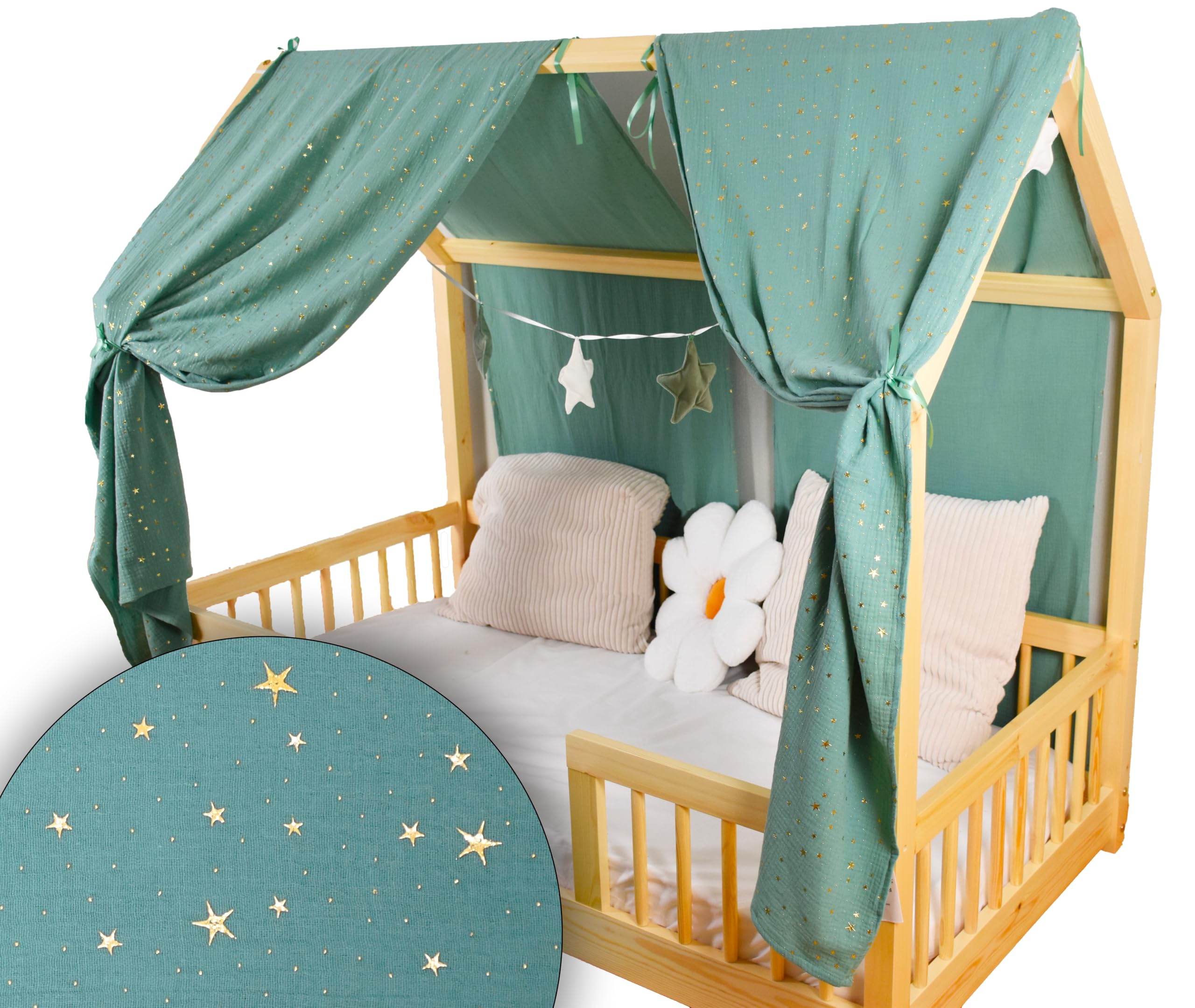 YellowNest Hausbett Himmel (2er Pack) - 100% Baumwolle - Betthimmel Hausbett aus Musselin (2er Pack) - Himmelbett Vorhänge für Bett 70x140 cm (Eucalyptus, 62 x 270 (2er-Set))