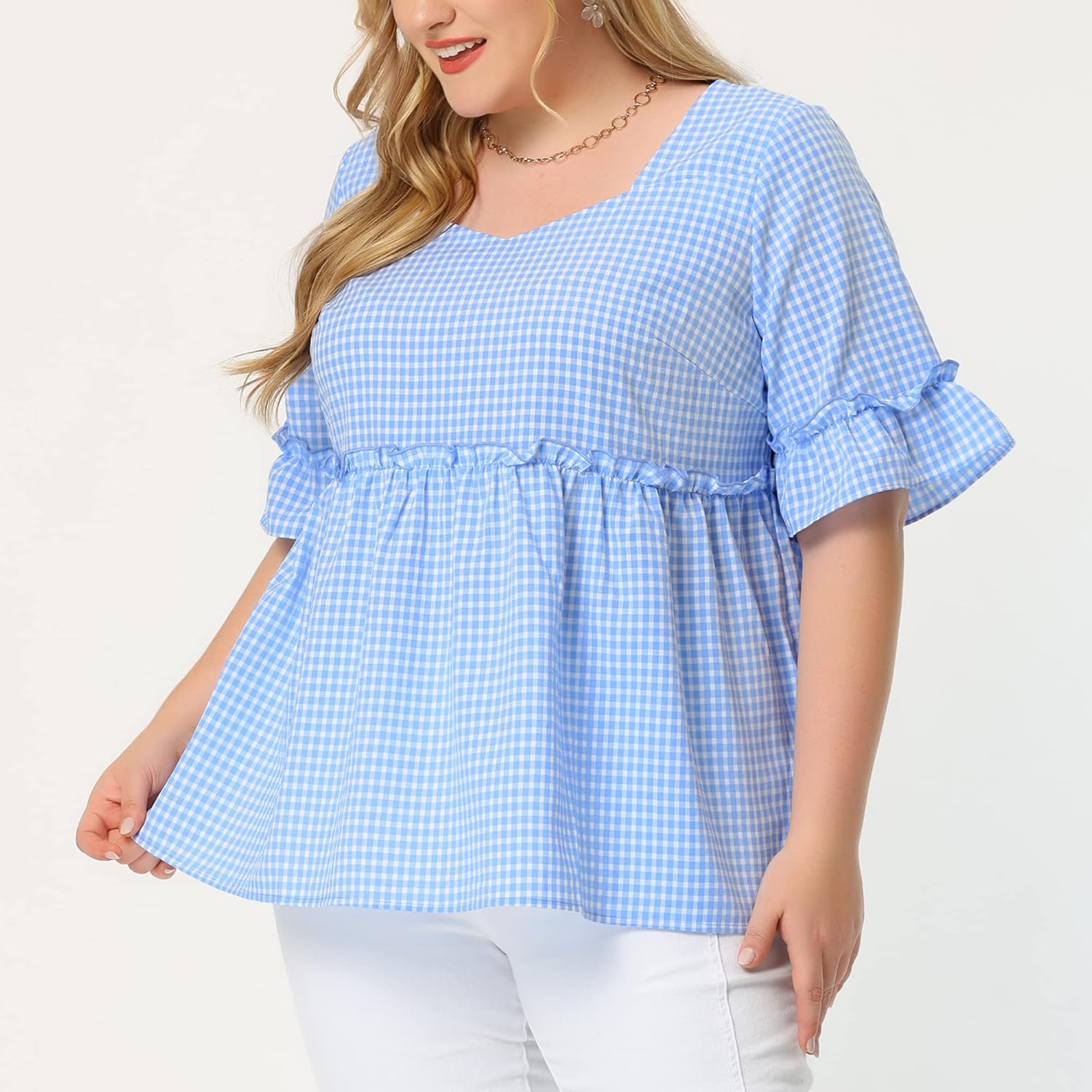 Agnes Orinda Women Plus Size Gingham Tops Sweetheart Neck Ruffle Sleeve Babydolls Blouses Plaid Summer Tops - Image 2