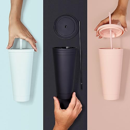 Miniatura 5 de Maars - Vaso térmico de acrílico para viajes con tapa y pajita, reutilizable, de plástico, doble pared y tamaño XL 32 onzas color rubor mate,