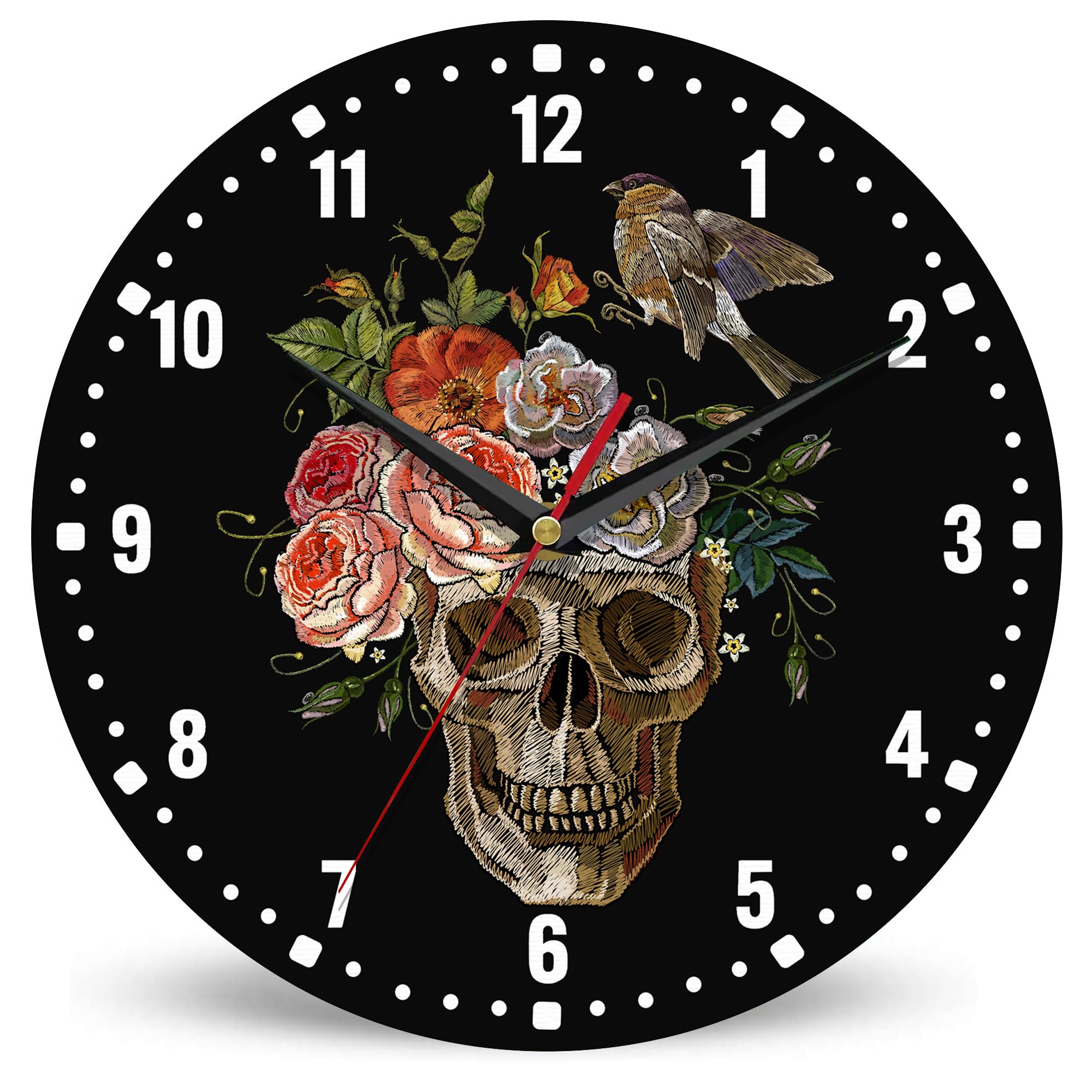 SPUNKER Halloween Wall Clocks,Gothic Skull Wall Clocks for Living Room Decor,Vintage Rose Bird Kitchen Clocks Wall Battery Operated - 10 Inch Round