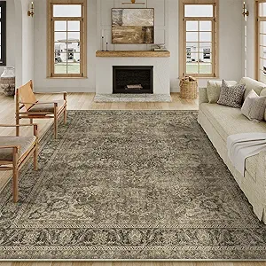 9x12 Brown Vintage Area Rug for Living Room Bedroom Large Traditional Low Pile Soft Carpet Non-Slip Thin Retro Distressed Accent Washable Throw Rug for Dining Room Office Kitchen Indoor
