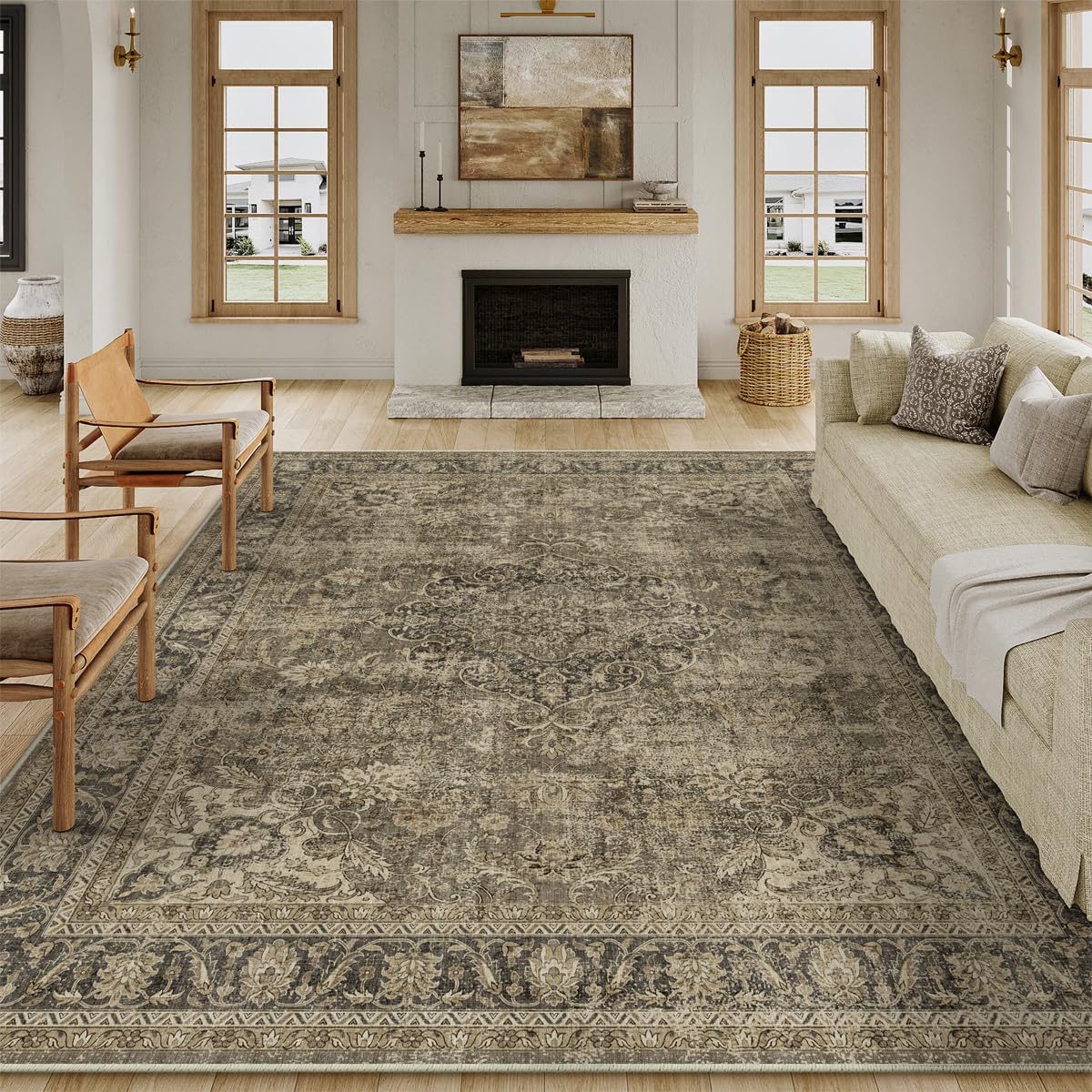 Waschbarer Braun Vintage Teppich Wohnzimmer 200x300cm Retro Rugs for Living Room Weich rutschfest Groß Tepich Kurzflor Schlafzimmer Carpet Living Room Bedroom Esszimmer Teppiche Büro