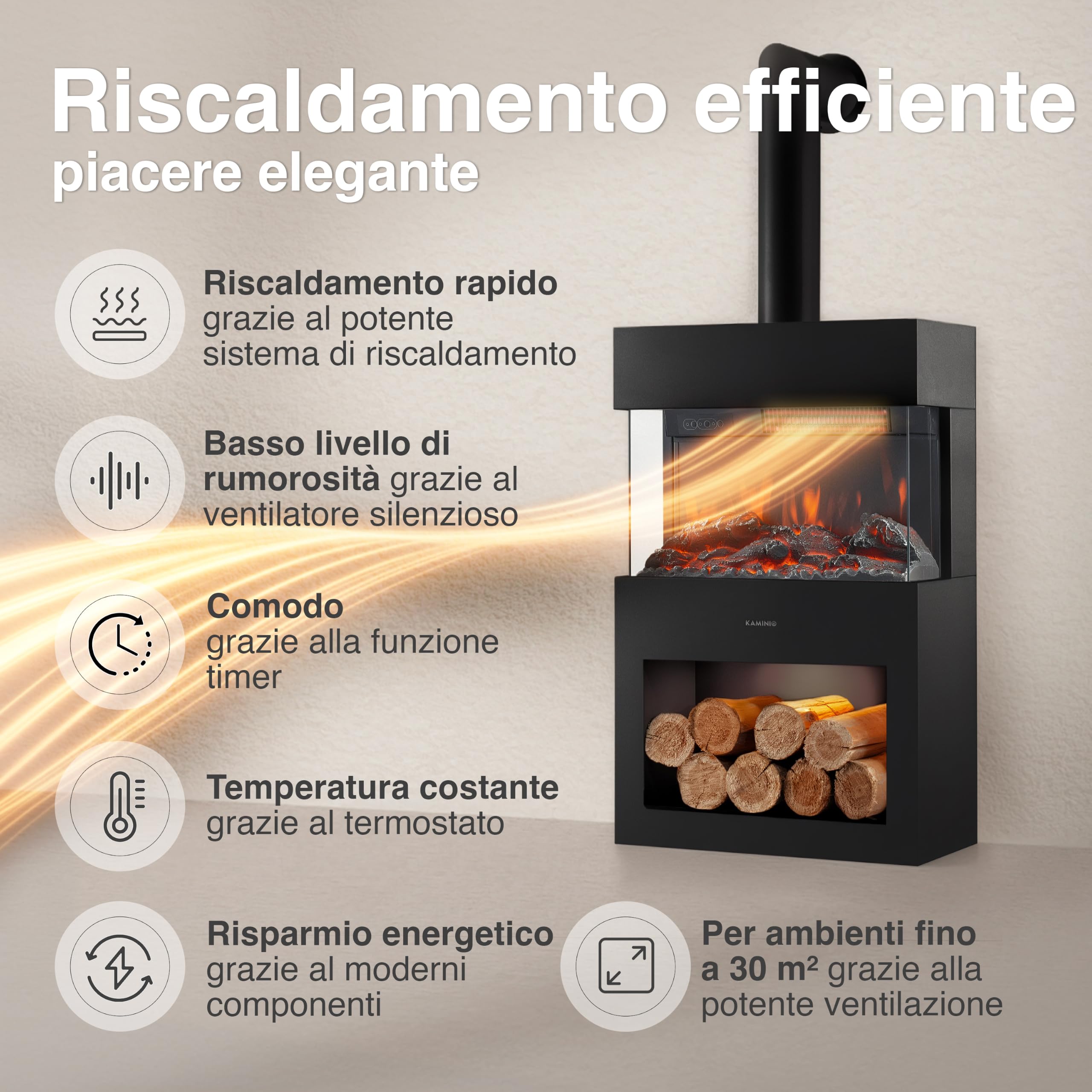 KAMINIO® Henri Camino elettrico da appoggio con tubo per stufa [Nero] | Caminetto elettrico a forma di stufa, termocamino con effetto fuoco LED, vano illuminato, timer, termostato e telecomando