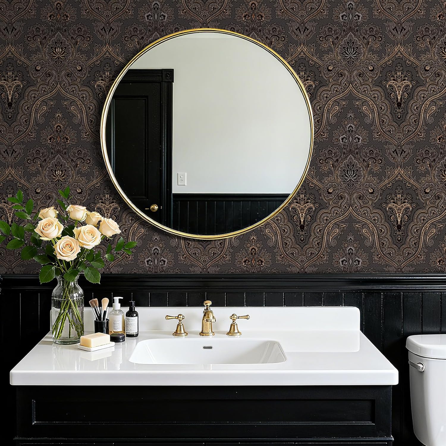 Livelynine 17.5x276" Vintage French Damask Peel and Stick Wallpaper Dark Academia Gothic Victorian Wallpaper for Bedroom Black and Gold Floral Paisley Renter Friendly Vintage Contact Paper for Drawers