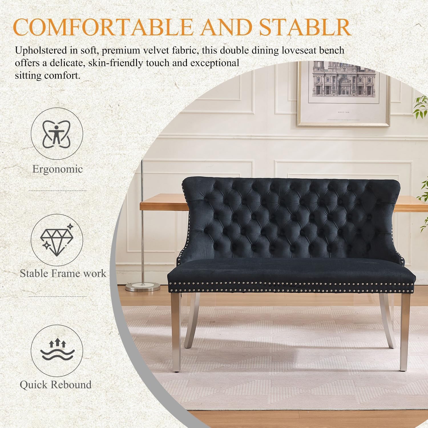 Mid Century Modern Dining Bench with Back, Upholstered Settee Loveseat Armless, Tufted Kitchen Seating, Nailhead Trim Banquette Benches with Silver Legs for Dining Living Room Hallway (Black)