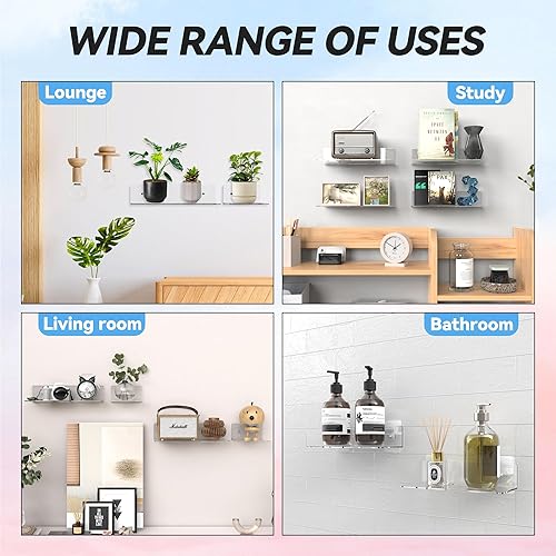 Miniatura 8 de BTSD-home Juego de 4 estantes de acrílico transparente para pared, estantes flotantes de acrílico para pared, decoración invisible para sala de