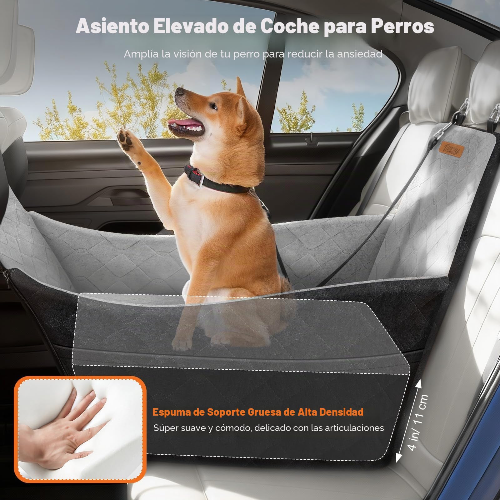 Asiento Elevado para Perros, Asiento de Coche para Mascotas Pequeñas y Medianas hasta 16kg, Cama de Coche Lavable con Espuma Ultra Suave, 3 Cinturones de Seguridad y 2 Bolsillos, Negro + Gris