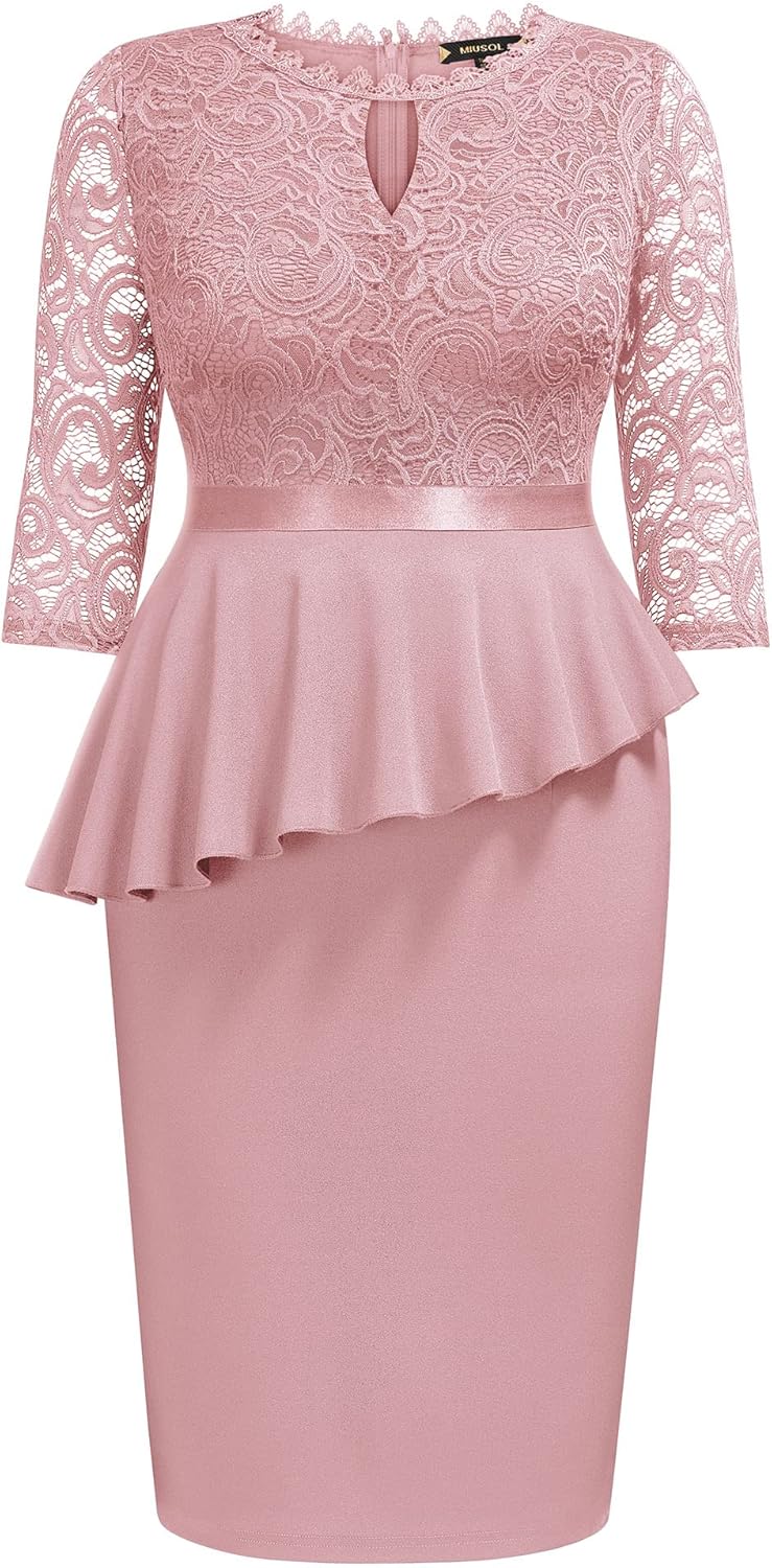 Miusol Women's Plus Size Lace Keyhole Neckline Peplum Bodycon Vintage Cocktail Party Dress - Image 4