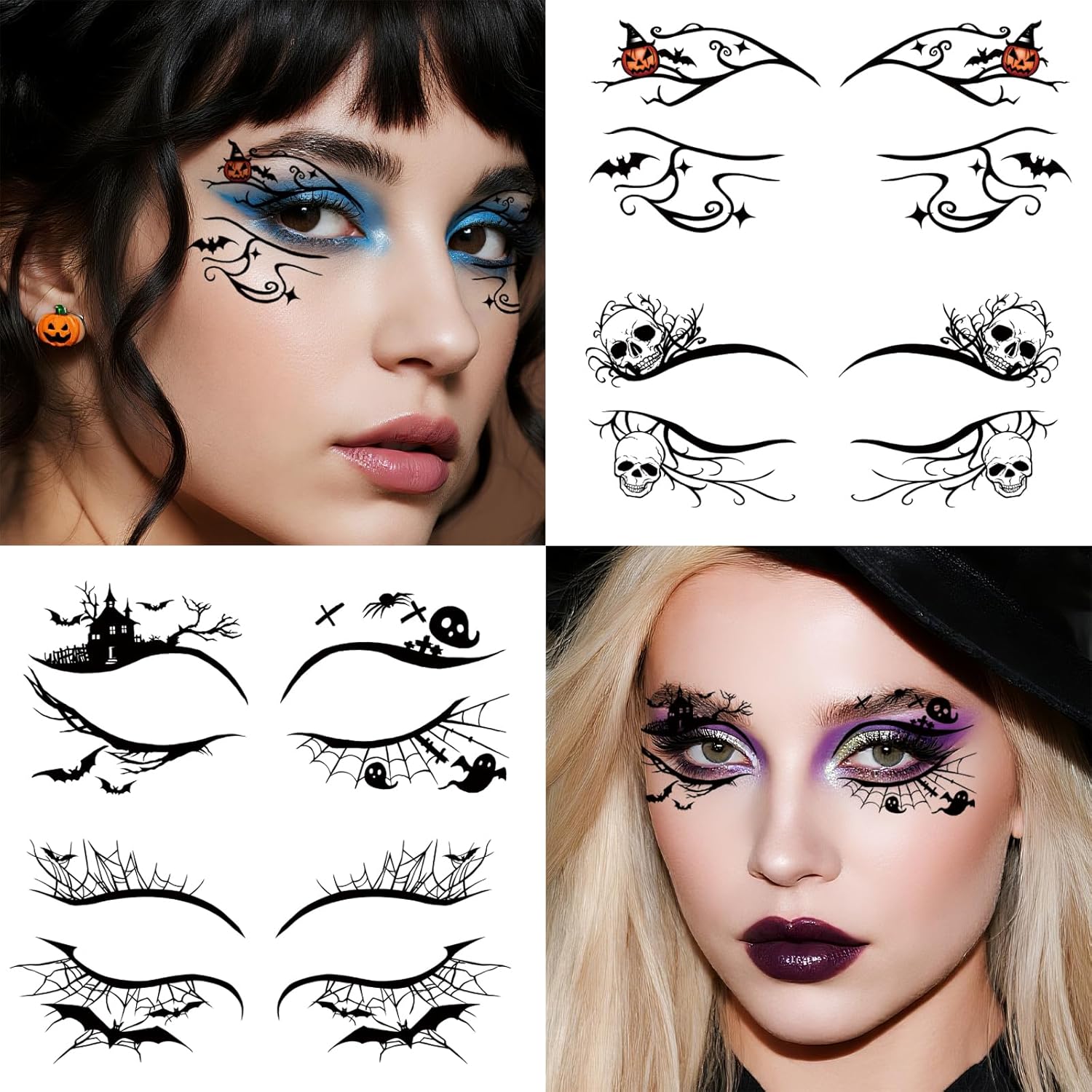 12 Pairs Christmas Face Makeup Patches, Xmas Tree Santa Claus Eyeliner Stickers Decals Snowman Small bell Temporary Tattoo for Women Girls Fake Tattoos, Christmas Stocking Stuffers Party Supplies(Halloween Eye Tattoo)