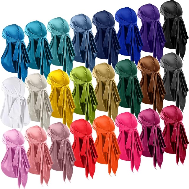 25 Pieces Velvet Durags Set 360 Waves Cap Doo Rag Durags Headwraps with Extra Long Tail Wide Straps