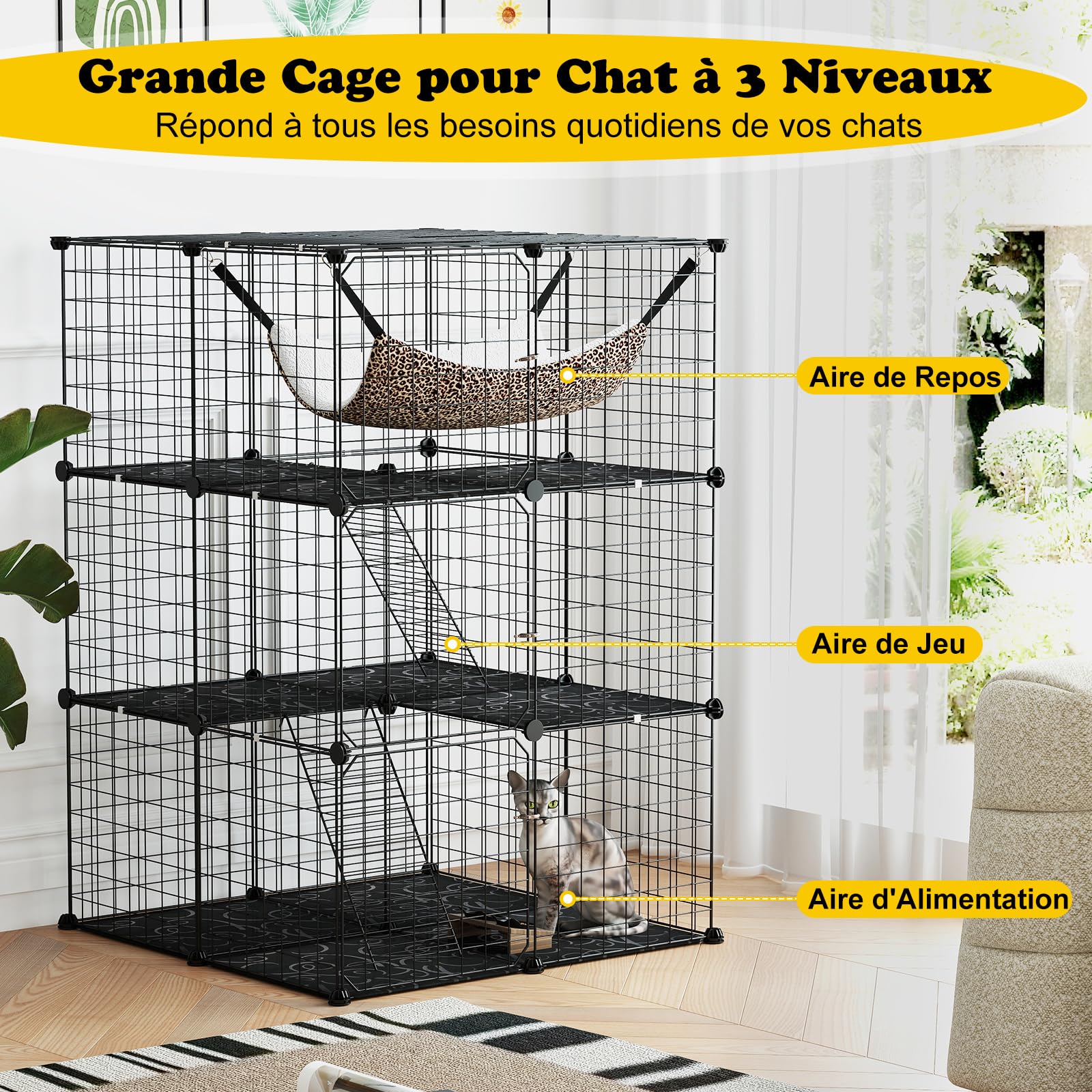 COSTWAY Grand Cage Chat à 3 Niveaux, Enclos pour Chats en Fil Métallique Amovible, Hamac, 2 Echelles, 3 Portes, 1 Fenêtre, Parc Interieur Exterieur pour Petit Animaux, 74 x 74 x 107 cm