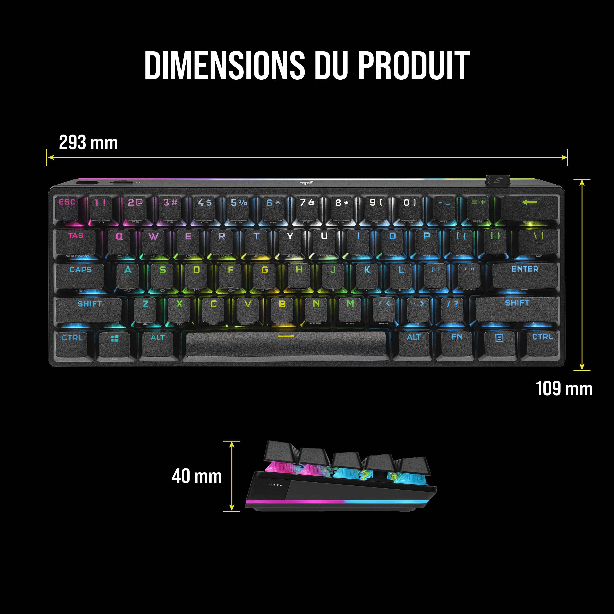 Corsair K70 Pro Mini Wireless RGB 60% Clavier Mécanique de Jeu - Commutateurs Cherry MX Red - Capuchons de Touches PBT Double-Shot - Compatible iCUE - PC, Mac, PS5, PS4, Xbox - AZERTY FR - Noir