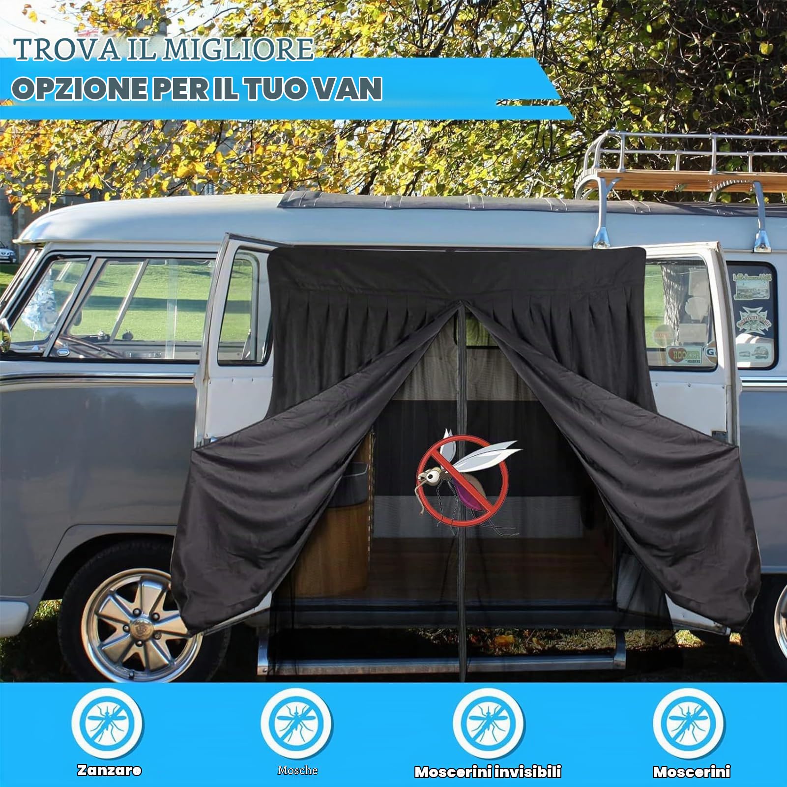 Zanzariera Magnetica In Rete per Auto a Due Strati, 155 x 135 cm, Nero, Tessuto, Nylon, Universale, Compatibile con Furgone, Camper, Automobile, Camion