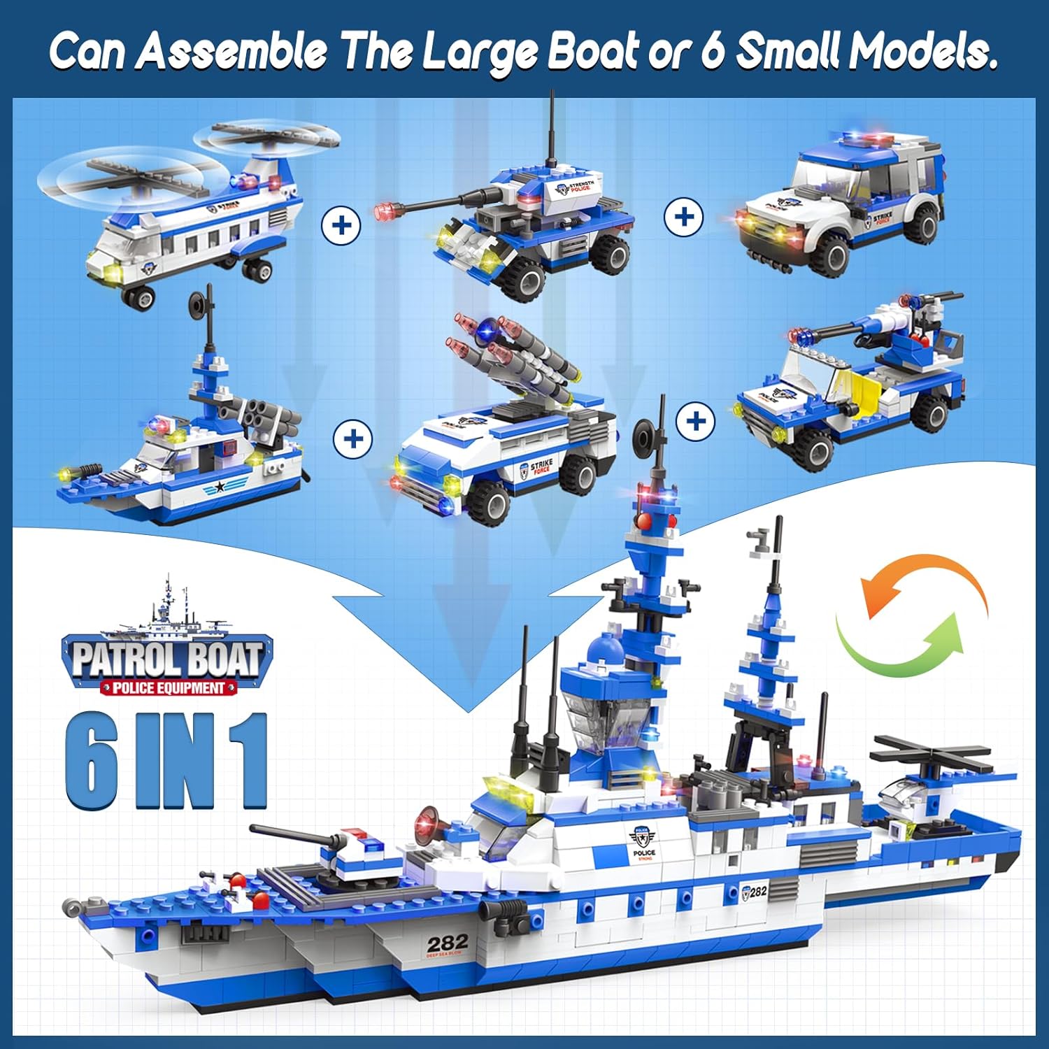 EP EXERCISE N PLAY City Police Set Battleship Building Toy, 1169 Pieces 6 in 1 Boat War Ship Block Set, Fun Toy Gift for Kids Boys & Girls Ages 6+ - Image 2