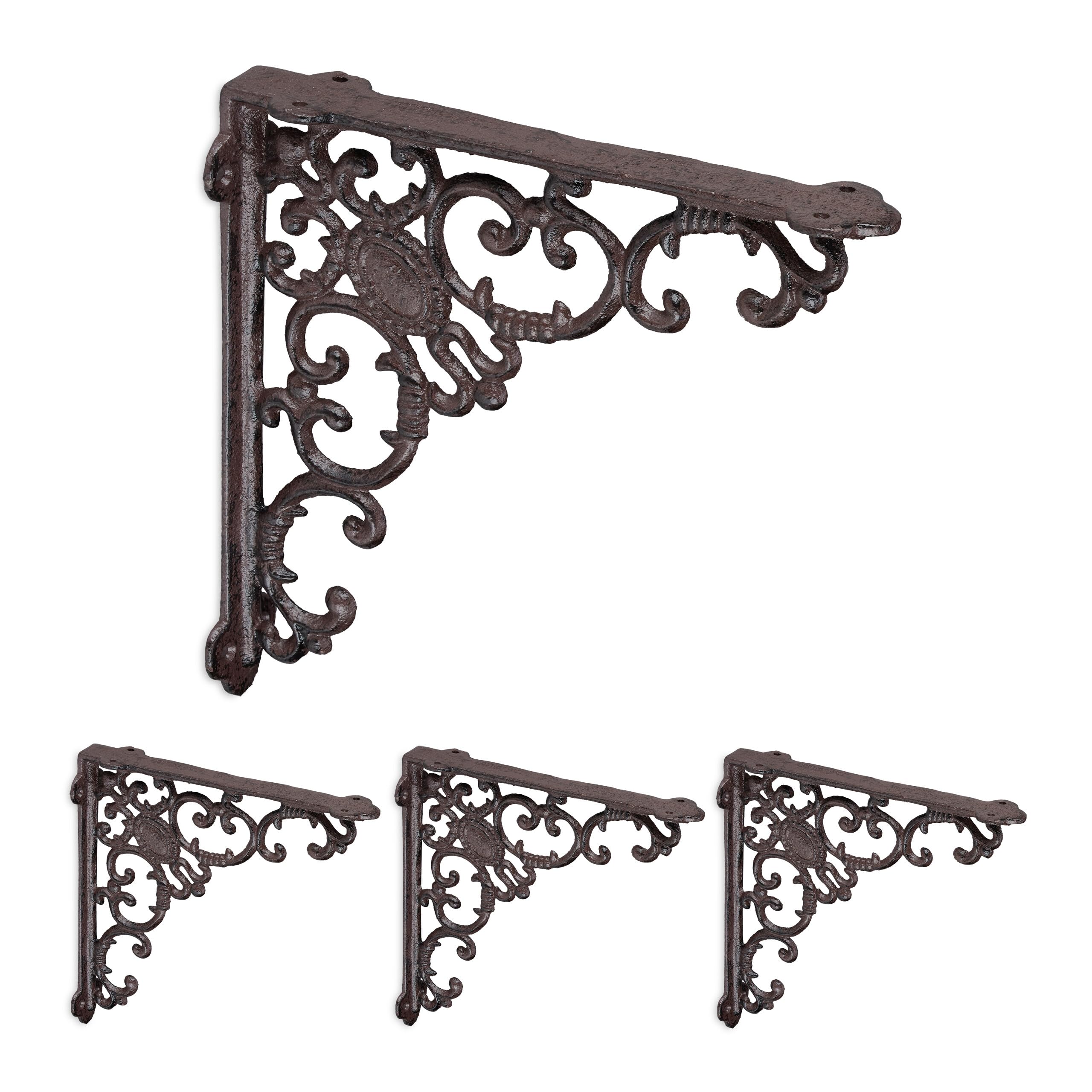 Relaxdays Lot Pratique de 4 équerres pour étagères, en Fonte, Marron