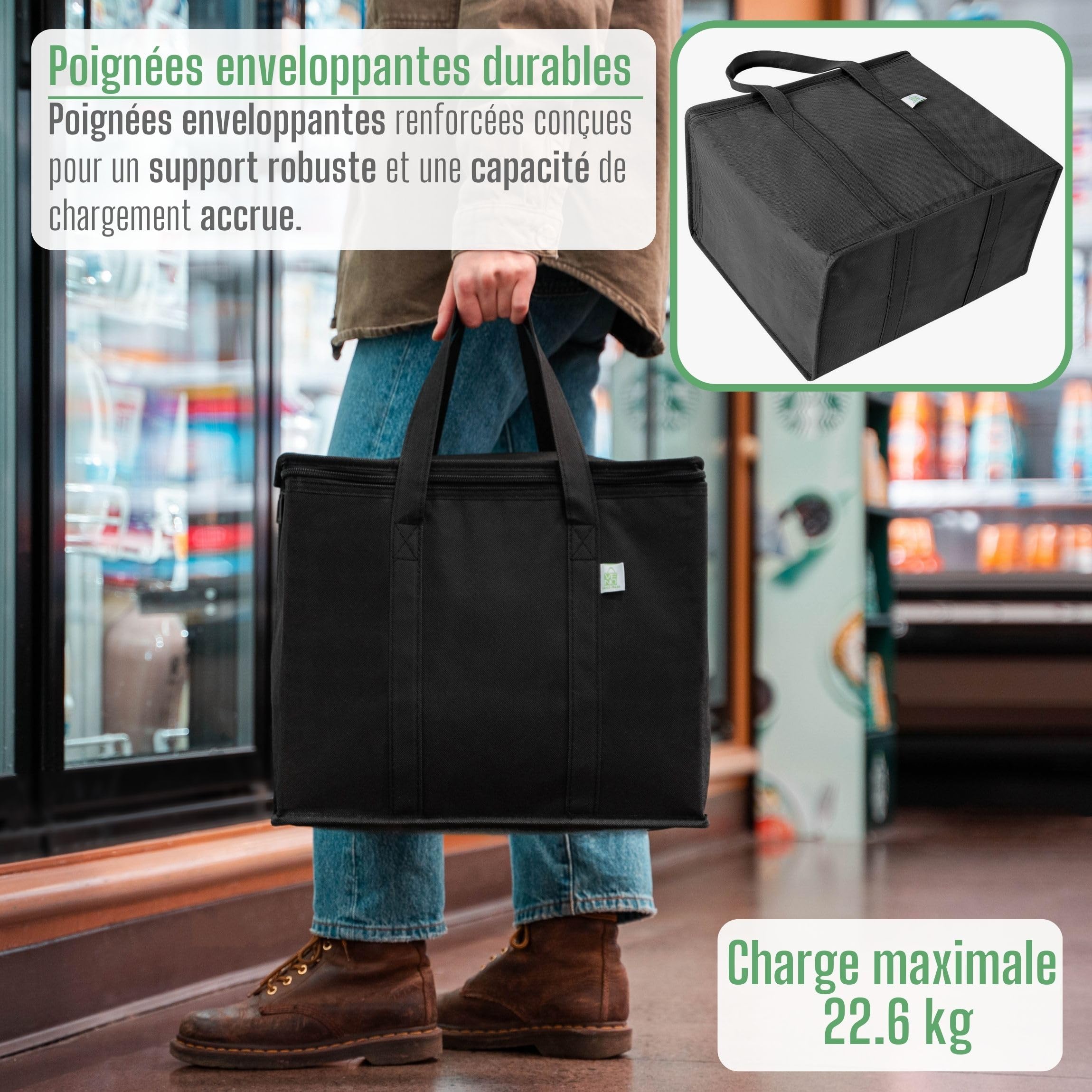 VENO Lot de 2 Sac Isotherme Pliable Isolation Réutilisable, Epicerie Alimentaire, Sac de Course, Robuste, Grand, Anses Durables, Fermeture Eclair Double Patte, Couverture, Debout (Noir)