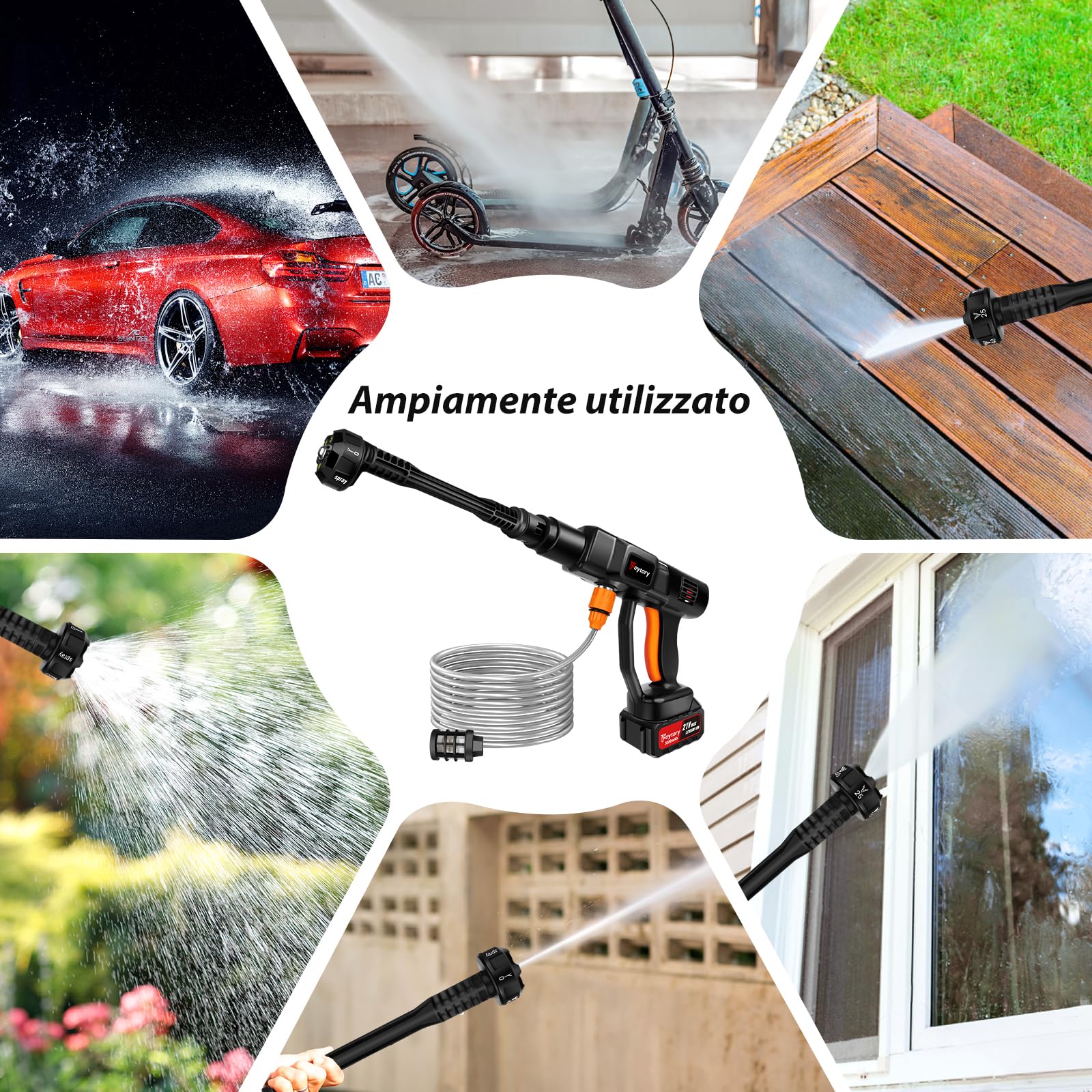 Idropulitrice a batteria,45bar 652PSI Idropulitrice Elettrica portatile, con Ugelli 6 in 1, 5m Tubo, 3000mAh Batterie e Caricabatteria per Lavaggio, Auto, Giardino, Terrazza, Prato e Annaffiare Fiori