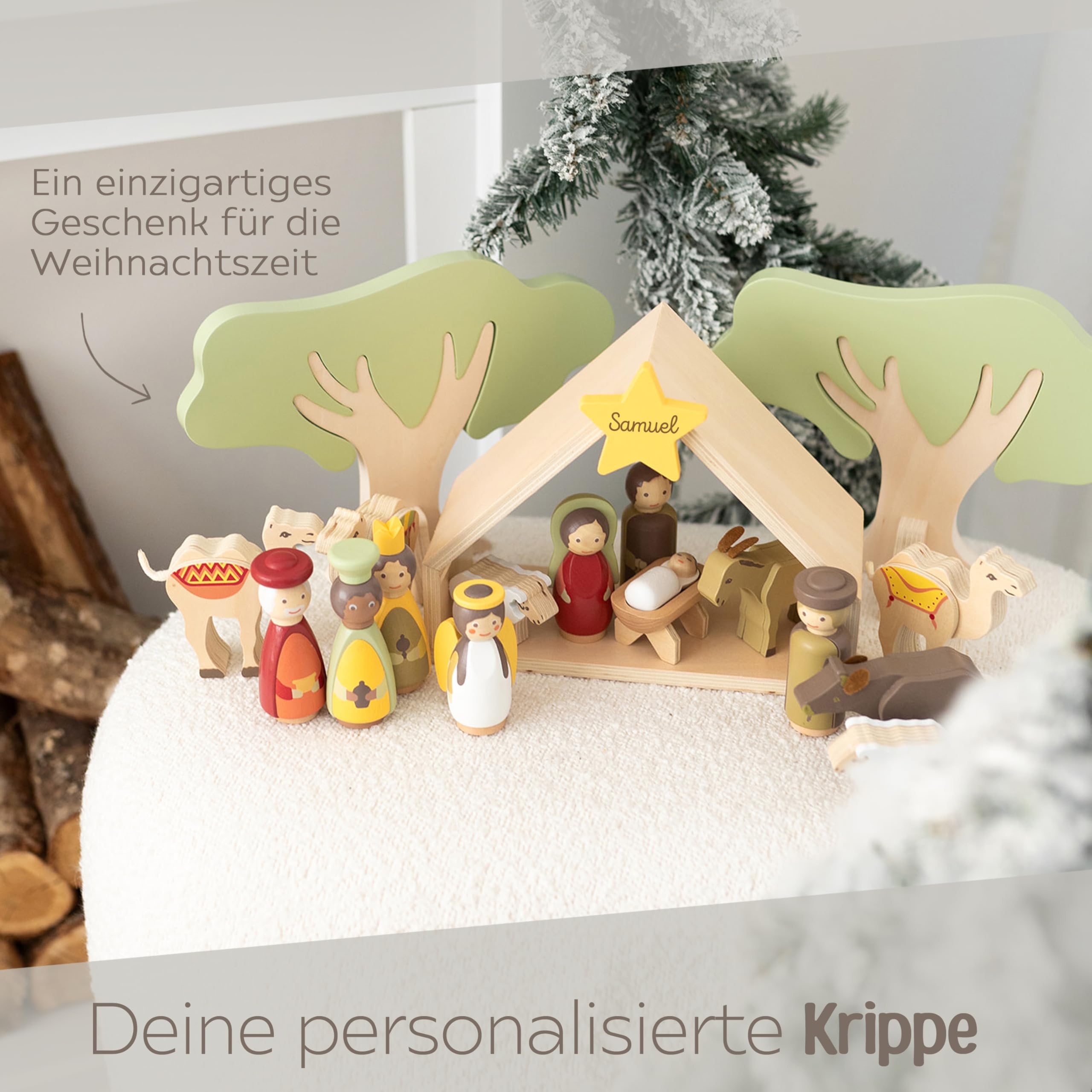 wunderwunsch Weihnachtskrippe Kinder personalisiert, Krippe Weihnachten, Krippenfiguren, Weihnachtsdeko Kind, Weihnachtskrippen Holz, Jungen und Mädchen