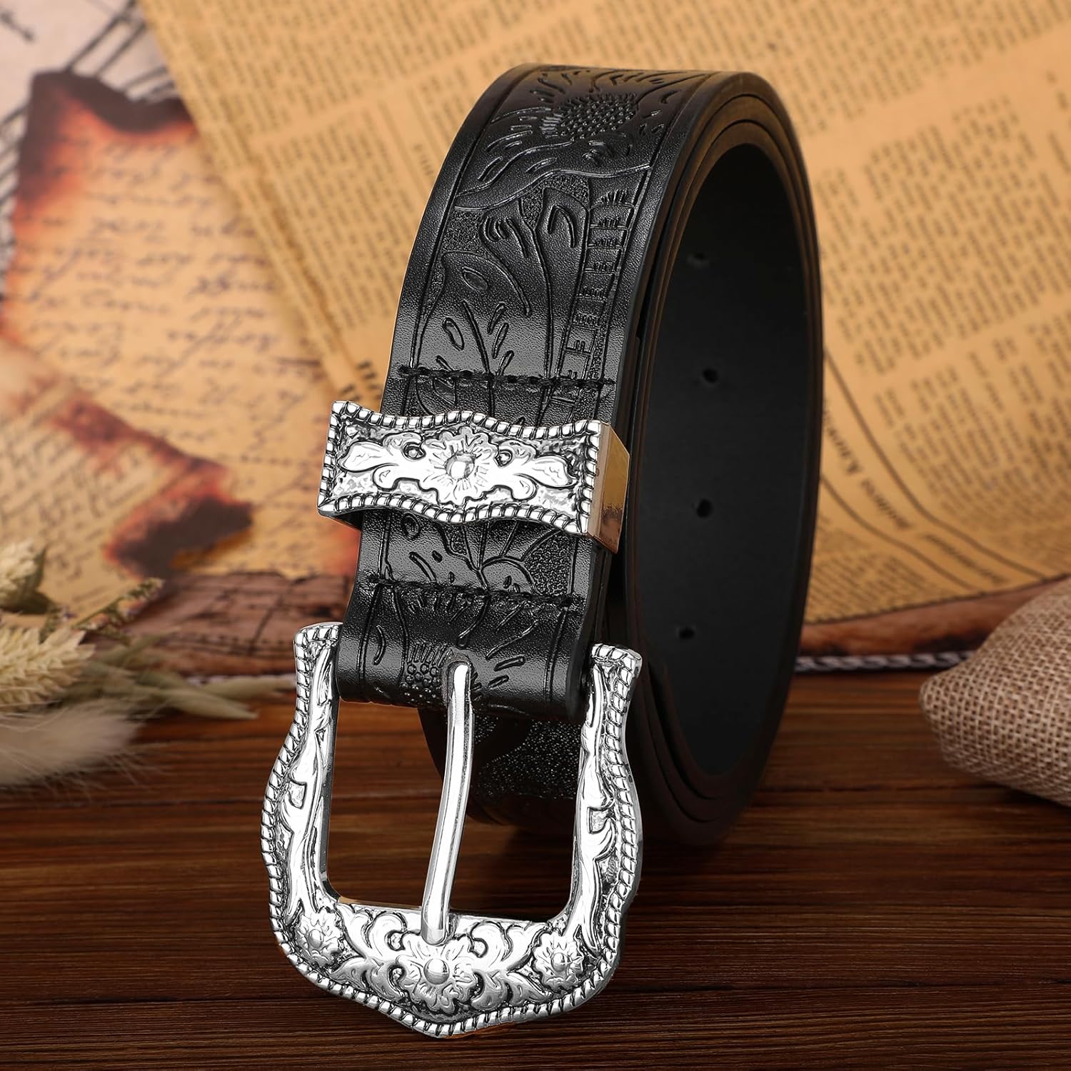 VONMELLI Western Belt for Women Men Cowgirl Cowboy Embossed Belts Vintage Floral Buckle for Jeans Pants - Image 5