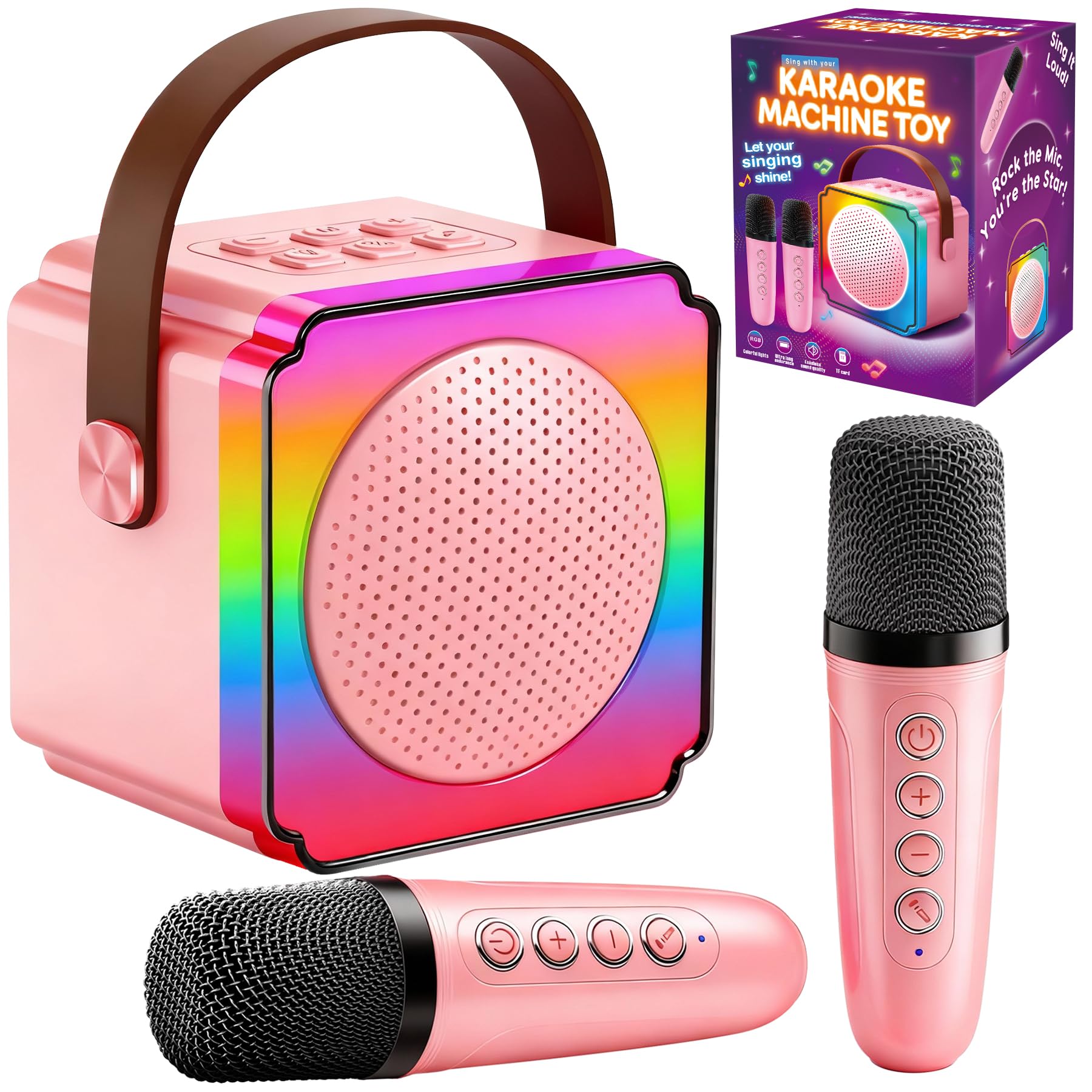Gontence Karaoke con Microfono, Regalo Compleanno Bambina 3-12 Anni, Karaoke per Bambini con 2 Microfoni Bluetooth Wireless, Luce LED e Cambia Voce, Giocattolo Karaoke per Ragazzi e Ragazze 3-15 Anni