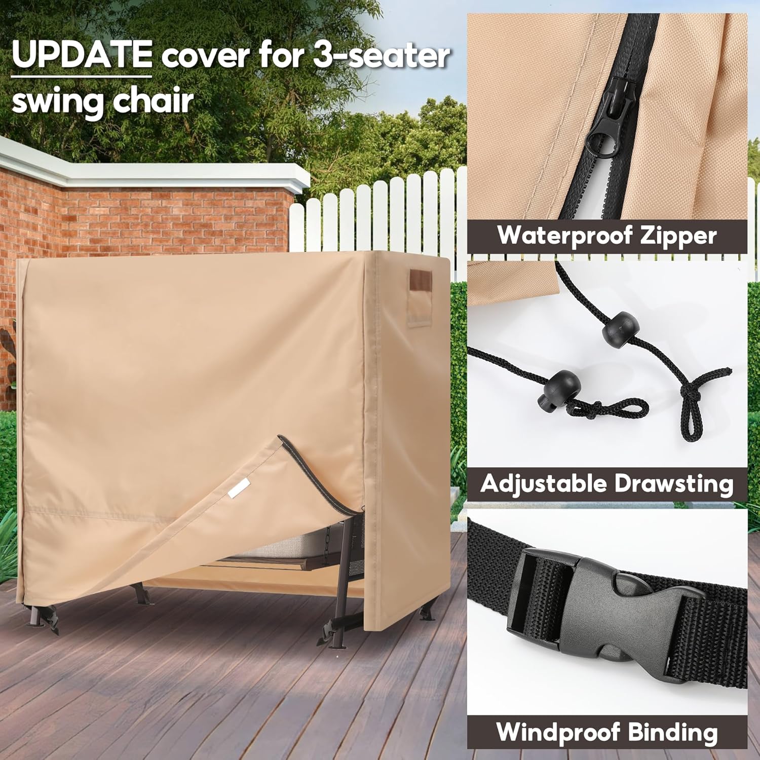 Outdoor Swing Covers for Patio Swing 3 Seater, 87" L x 49" D x 67" H, 3 Seat Cover Waterproof, Porch Patio Canopy Cover, Windproof UV Resistant All Weather Protector - Beige