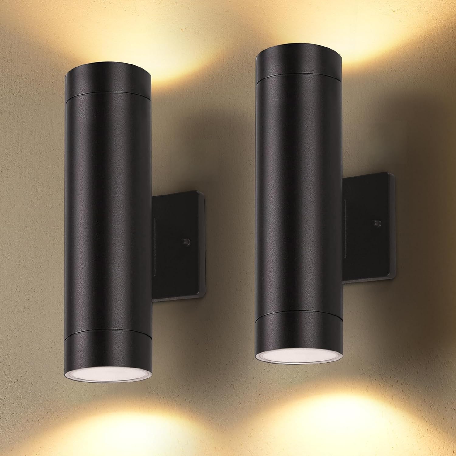 LUTEC Dusk to Dawn Outdoor Wall Lights, 16W Integrated LED Cylinder Up-Down Sconce, 3000K Waterproof Aluminum Exterior Lighting, Matte Black Modern Porch and Entryway Wall Light Fixture, 2 Pack