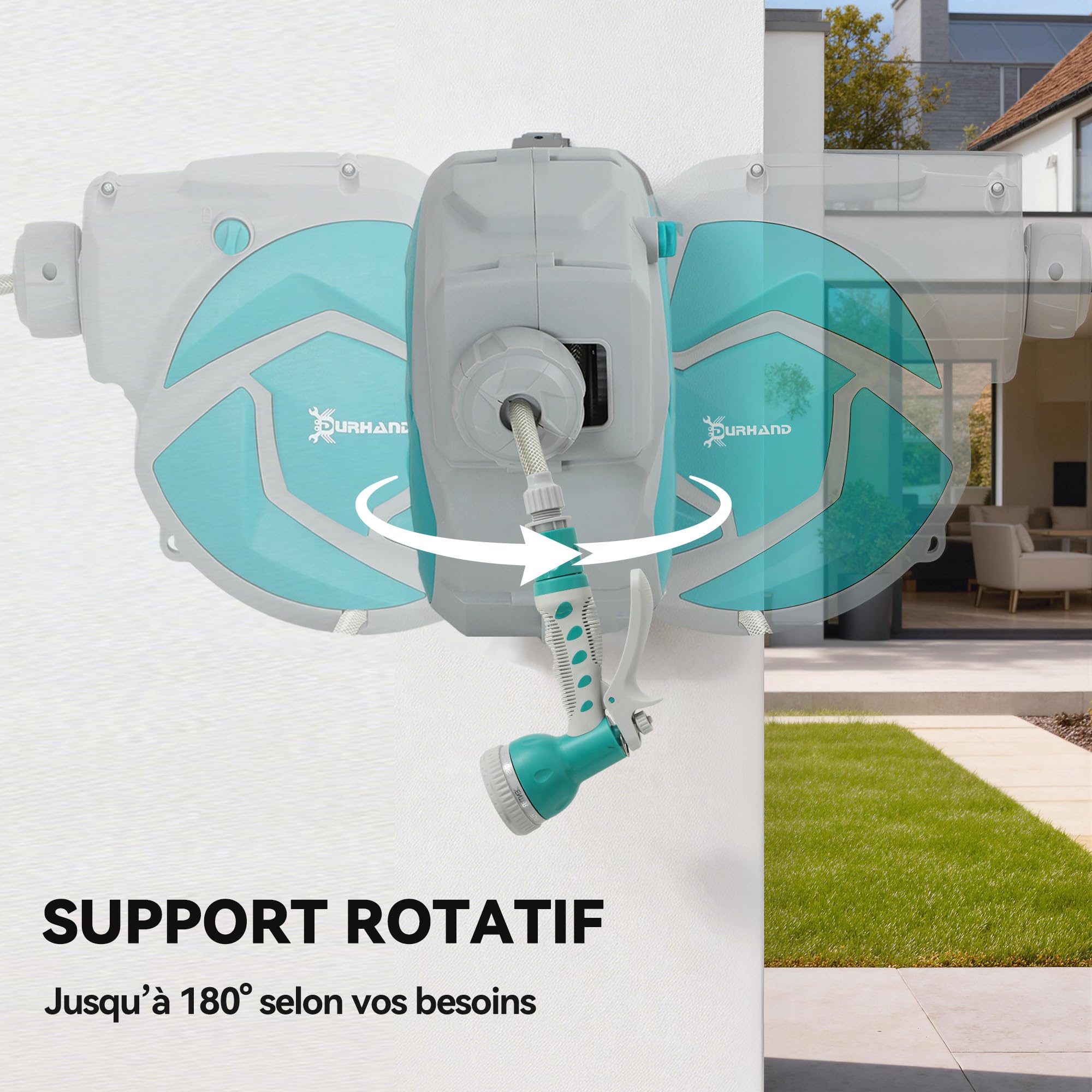 DURHAND Enrouleur Tuyau Arrosage Mural Automatique 10 + 1 m Pivotant Vert