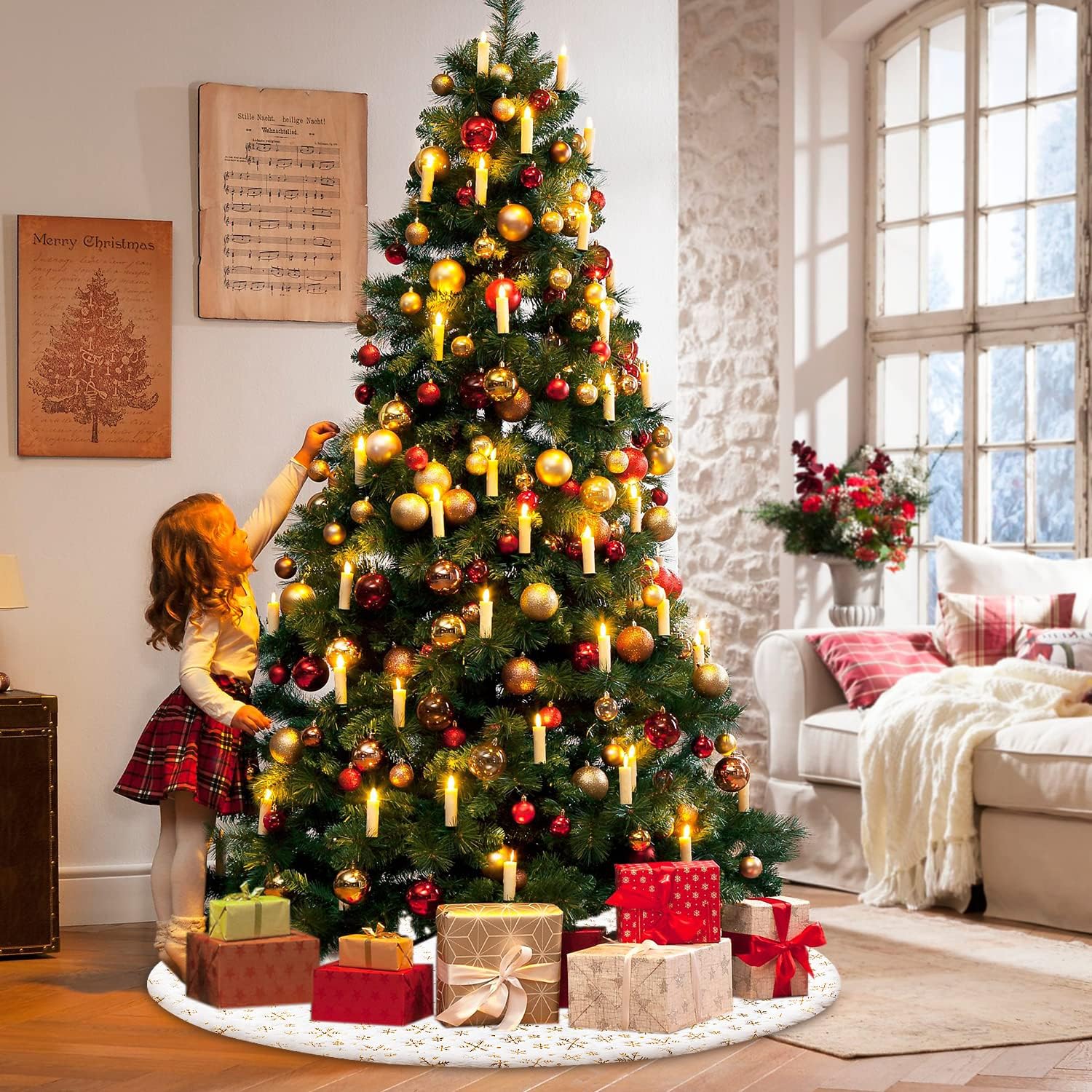 Lanpn Christmas Tree Skirt 60 inch, Xmas Tree Skirt with Snowflake Winter Christmas Tree Mat for Extra Large Artificial Trees Winter Home Party Holiday Indoor Xmas Decor (Gold, 150cm)