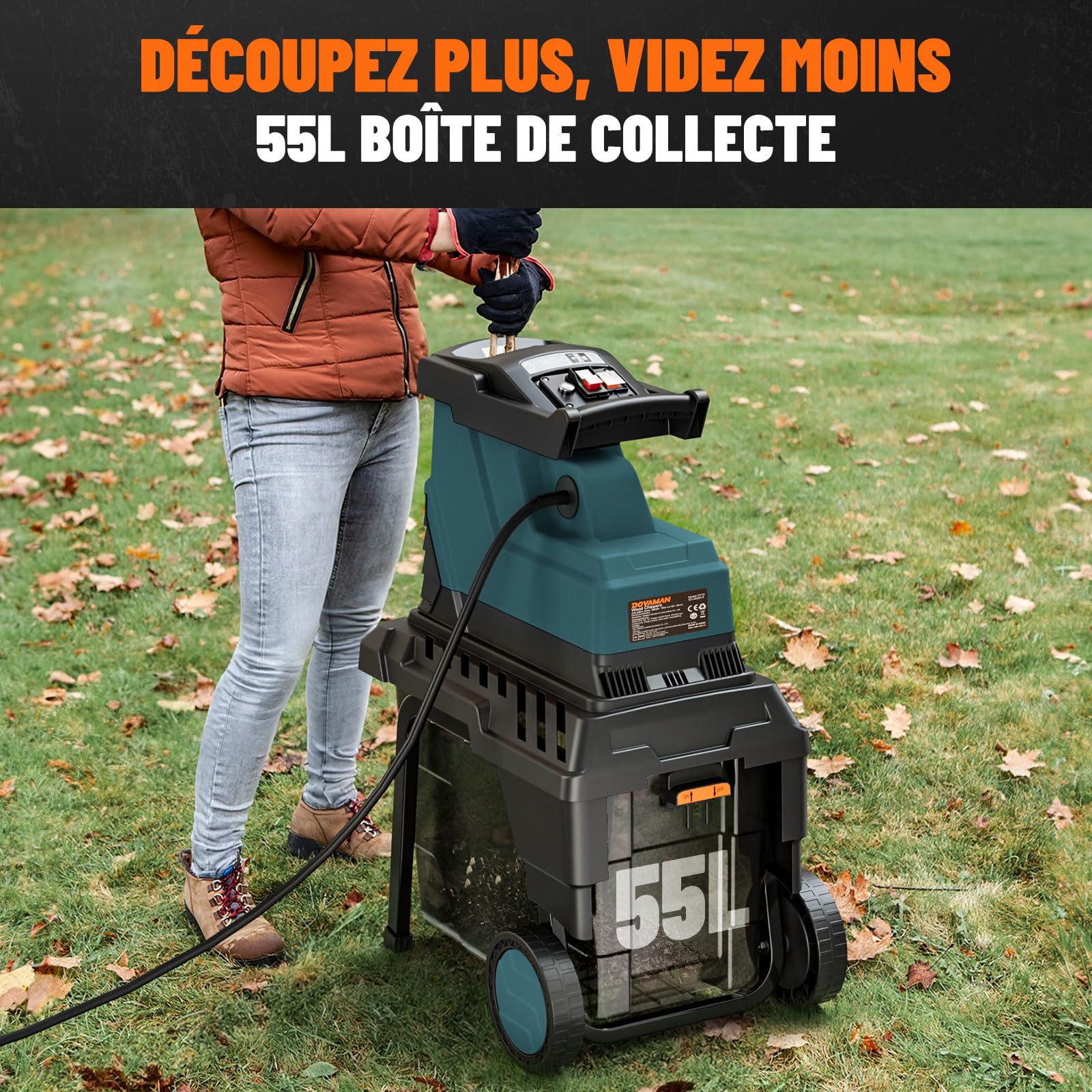 DOVAMAN GT10 Broyeur de Jardin Silencieux, Rouleau à 6 Dents, Ratio de Broyage 18:1, 2800W Moteur Sans Balais, Broie jusqu'à 45mm, 88dB, 55L Bac, Broyage Sans Effort du Déchets de Jardin