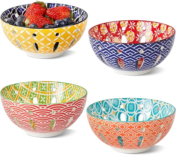 Metahom Ceramic Berry Basket, 6" Colorful Fruit Bowl, Round Berry Colander, Cute Small Container for Strawberry, Fruit Basket for Kitchen Counter, Set of 4