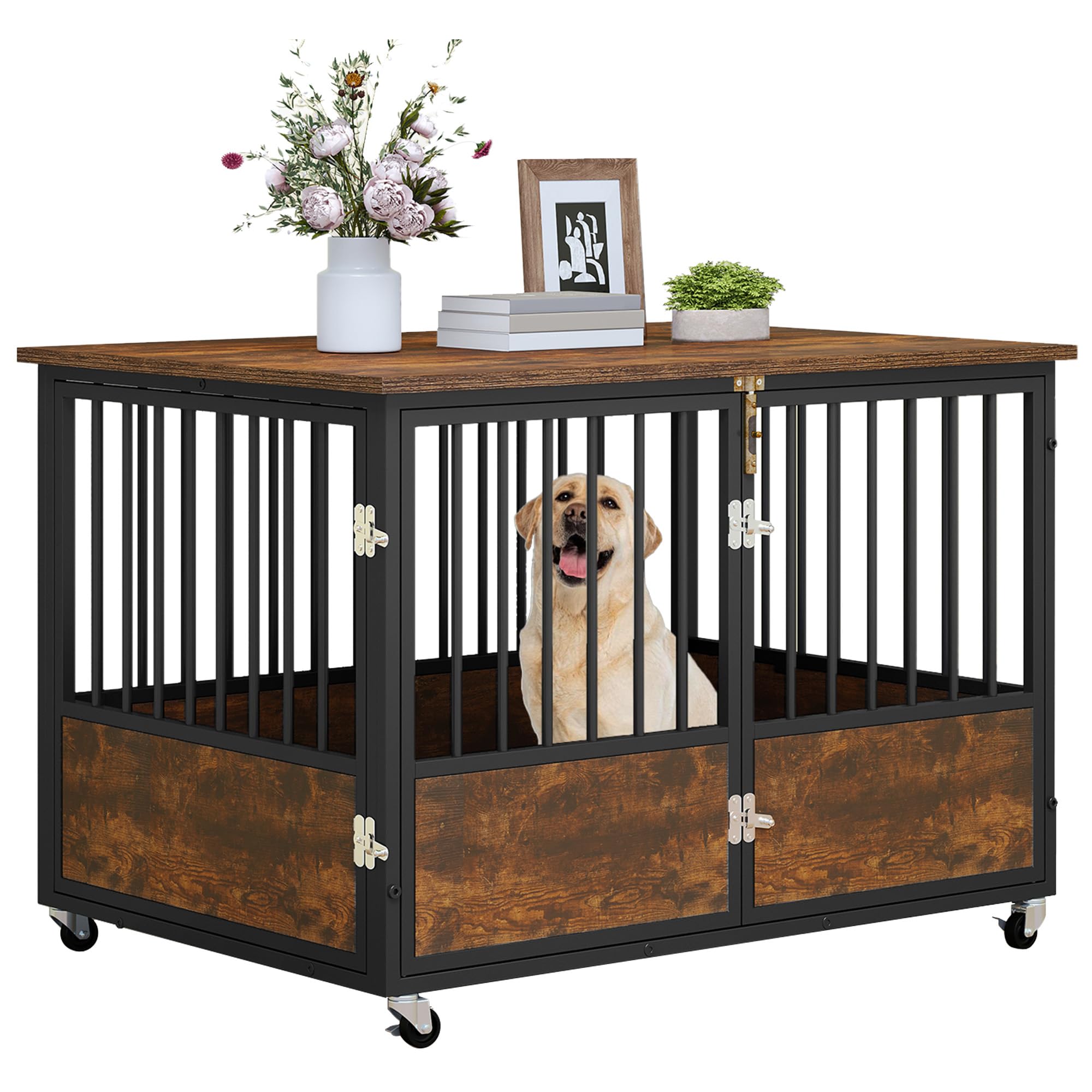 YITAHOME 43" Dog Crate Furniture with Wheels, Wooden Side End Table, Double-Doors Dog Kennel Indoor for Small/Medium/Large Dogs, Escape Proof Dog