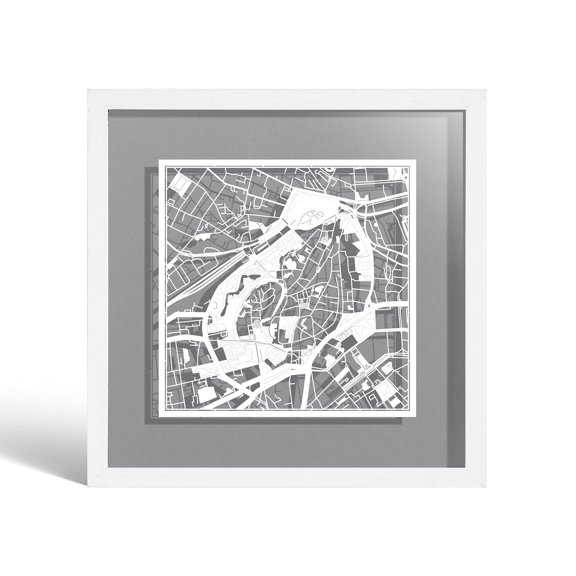 O3 DESIGN STUDIO Tallinn Paper Cut Map framed, White map, White frame, 23x23 cm, Gift Boxed, 4 background color, self-changing, Paper Art
