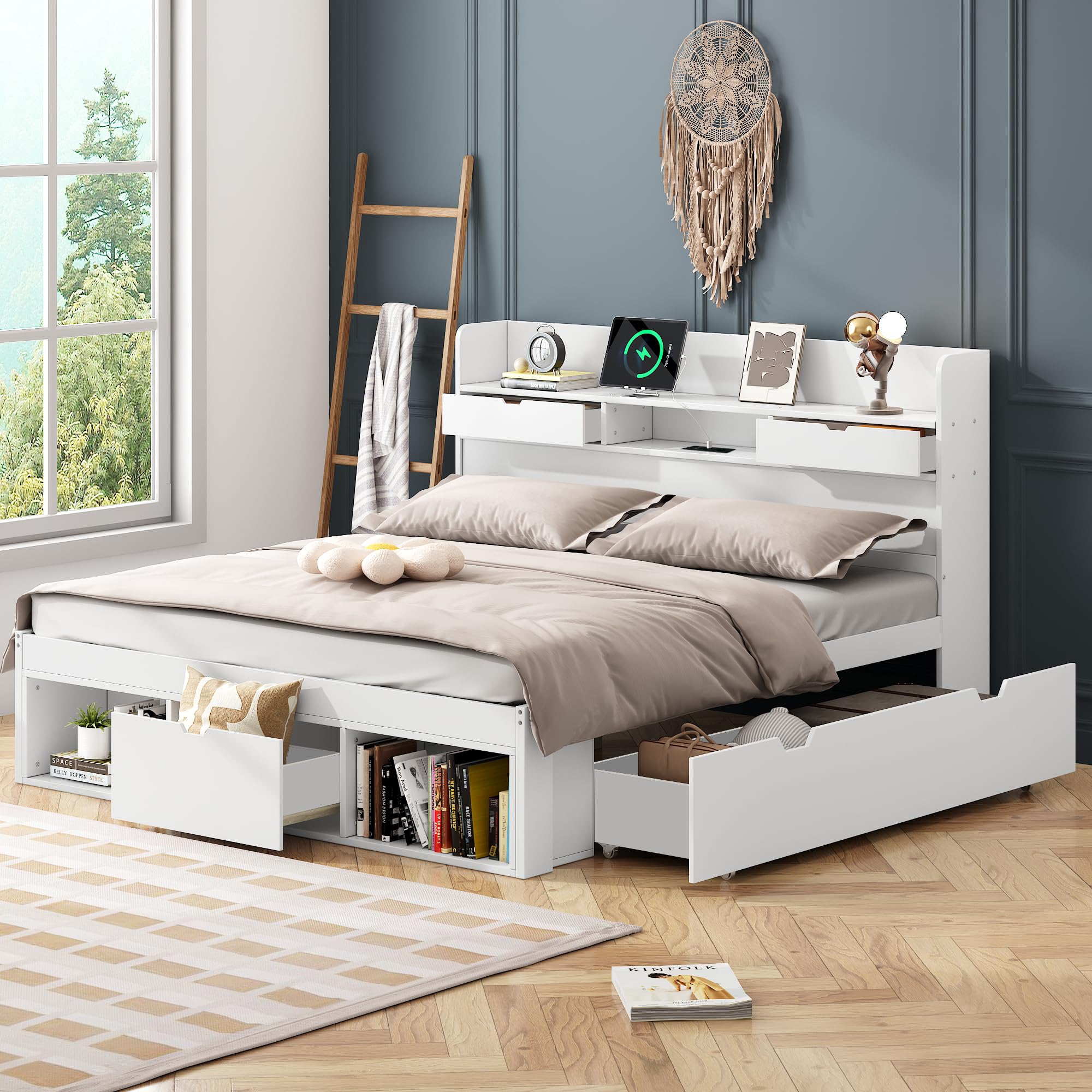 Doppelbett 140x200, Holzbett mit Schubladen & Bücherregal & Stauschrank, Stauraum-Kopfteil Bett mit USB Ladefunktion & Steckdose, Funktionsbett Kinderbett Jugendbett Stauraumbett, Ohne Matratze, Weiß