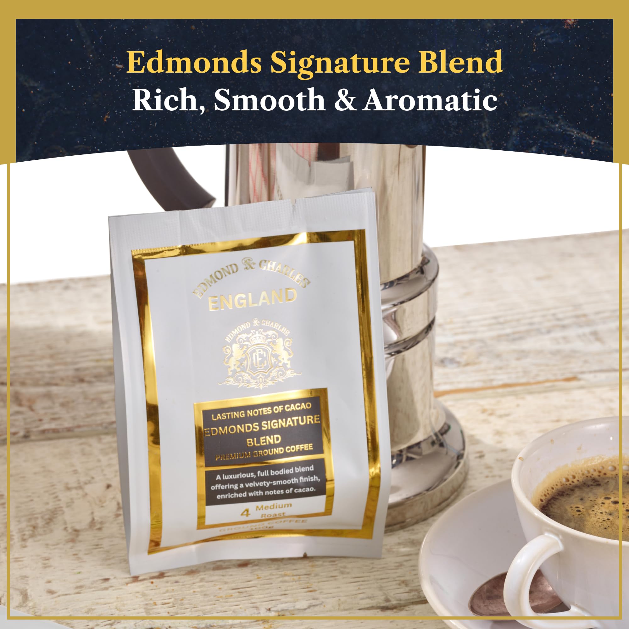 Edmond & Charles Gourmet Coffee & Chocolate Gift Hamper | Luxury Box with Edmonds Signature Blend Ground Coffee, Salted Caramel Syrup, Biscuits, Cake & Chocolates | Hampers Presents for Women & Men - 3