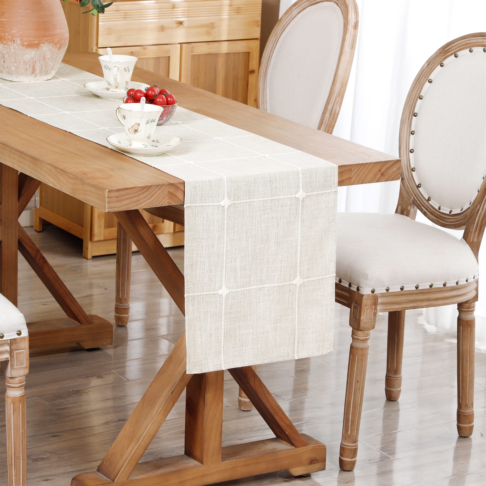 Embroidered Linen Table Runner Rustic Plaid Farmhouse Table Runners Checkered Rectangle Runner for Dinning Dresser Coffee Party Holiday Table Decor Off White 13 x 108 inch