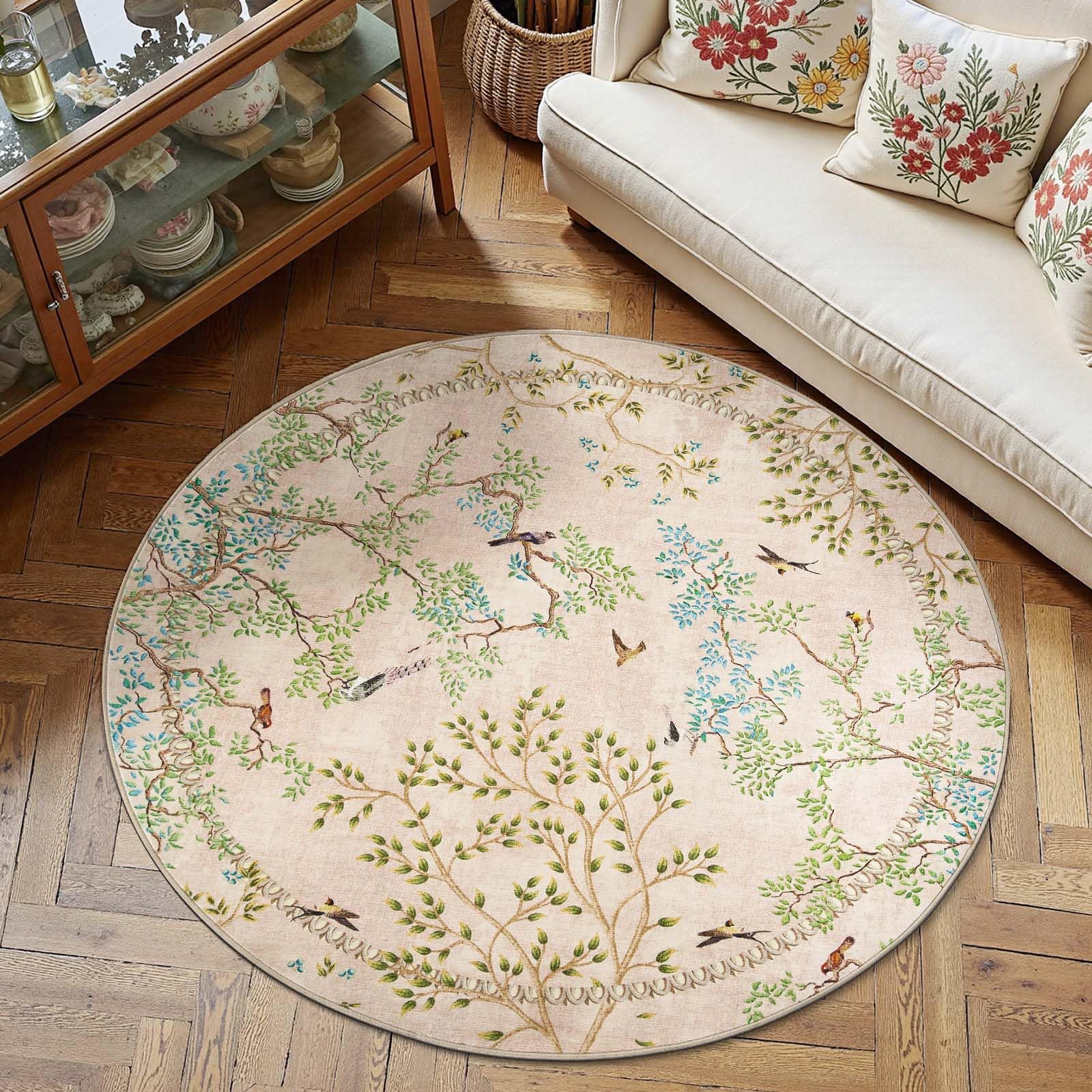 jinchan Yarden Round Rugs 6ft Beige Botanical Birds Print Machine Washable 6' Circle Nature Plants Modern Soft Non Slip Kids Throw Area Rugs Ultra