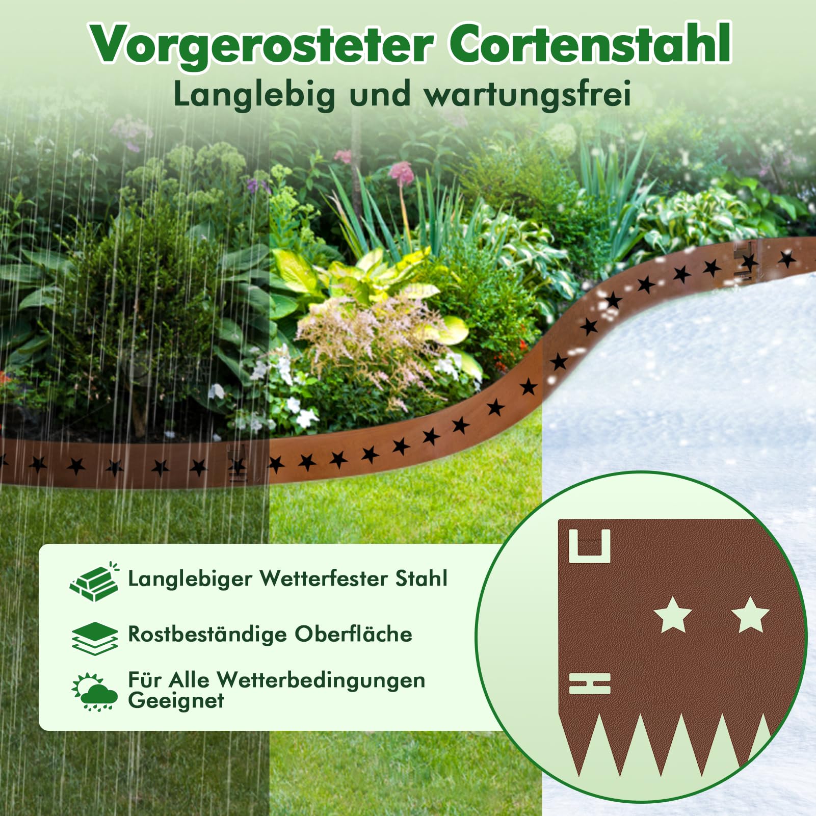 Flexible Rasenkante Metall 10-teilig (je 107,5 x 20 cm) – Cortenstahl Beeteinfassung mit Stern-Dekor, schwere Qualität – Perfekt als Rasenbegrenzung für geschwungene Wege & Moderne Gärten